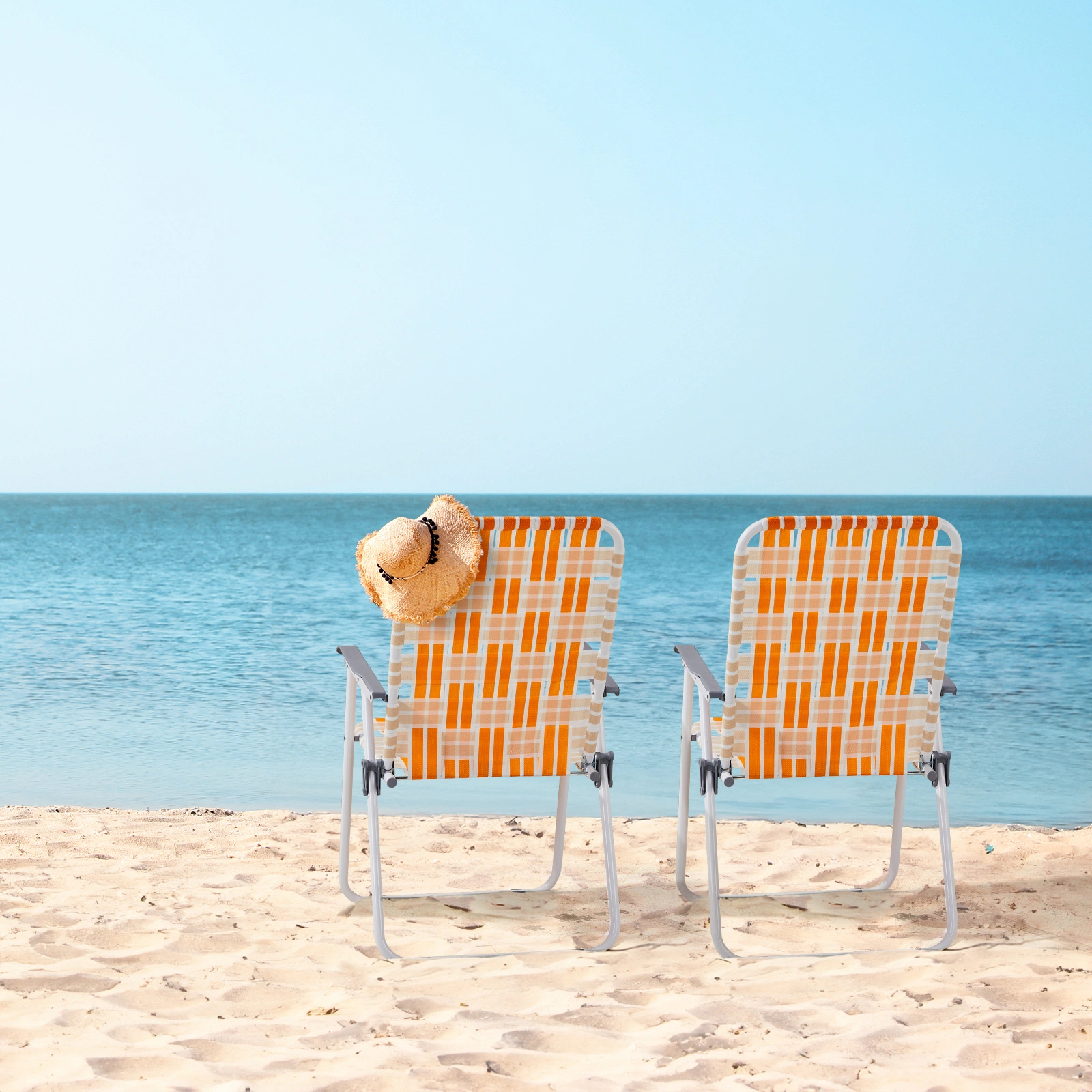 Set of 2 Webbed Folding Beach Chairs, Outdoor Patio Lawn Foldable Chairs for Camping Fishing Yard Poolside BBQ, Orange & White view 2