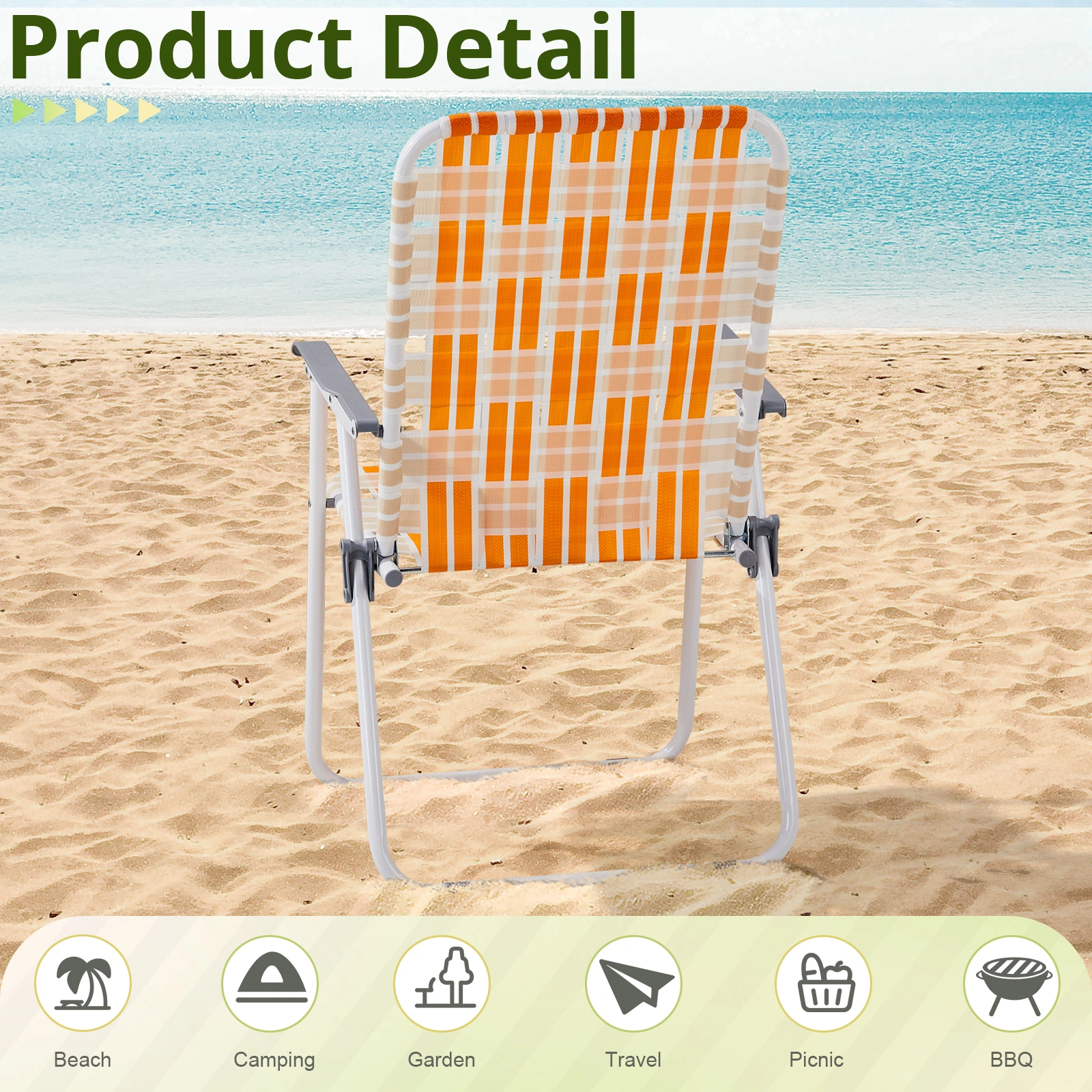 Set of 2 Webbed Folding Beach Chairs, Outdoor Patio Lawn Foldable Chairs for Camping Fishing Yard Poolside BBQ, Orange & White view 4
