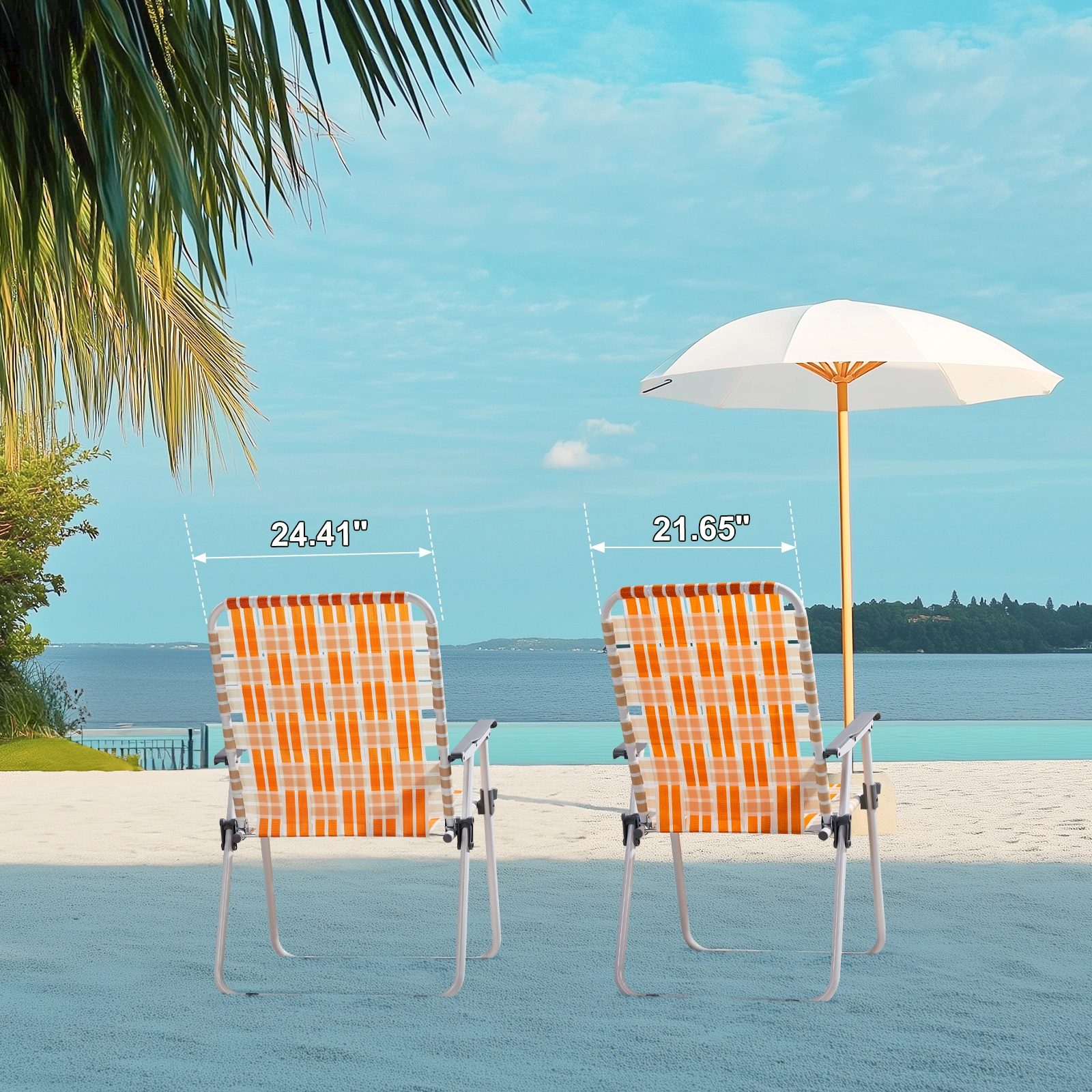 Set of 2 Webbed Folding Beach Chairs, Outdoor Patio Lawn Foldable Chairs for Camping Fishing Yard Poolside BBQ, Orange & White view 8