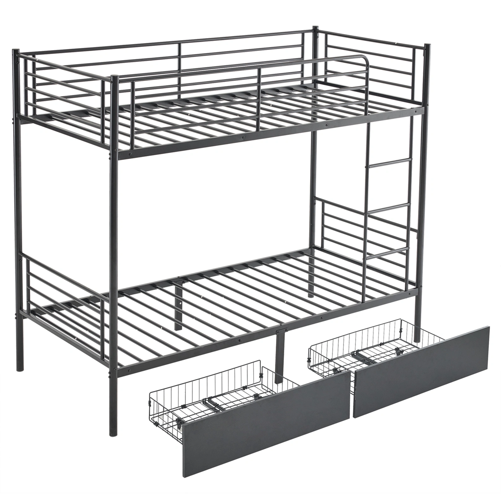 Twin Over Twin Metal Bunk Bed with 2 Storage Drawers Full-Length Guard Rail, Heavy Duty, Black