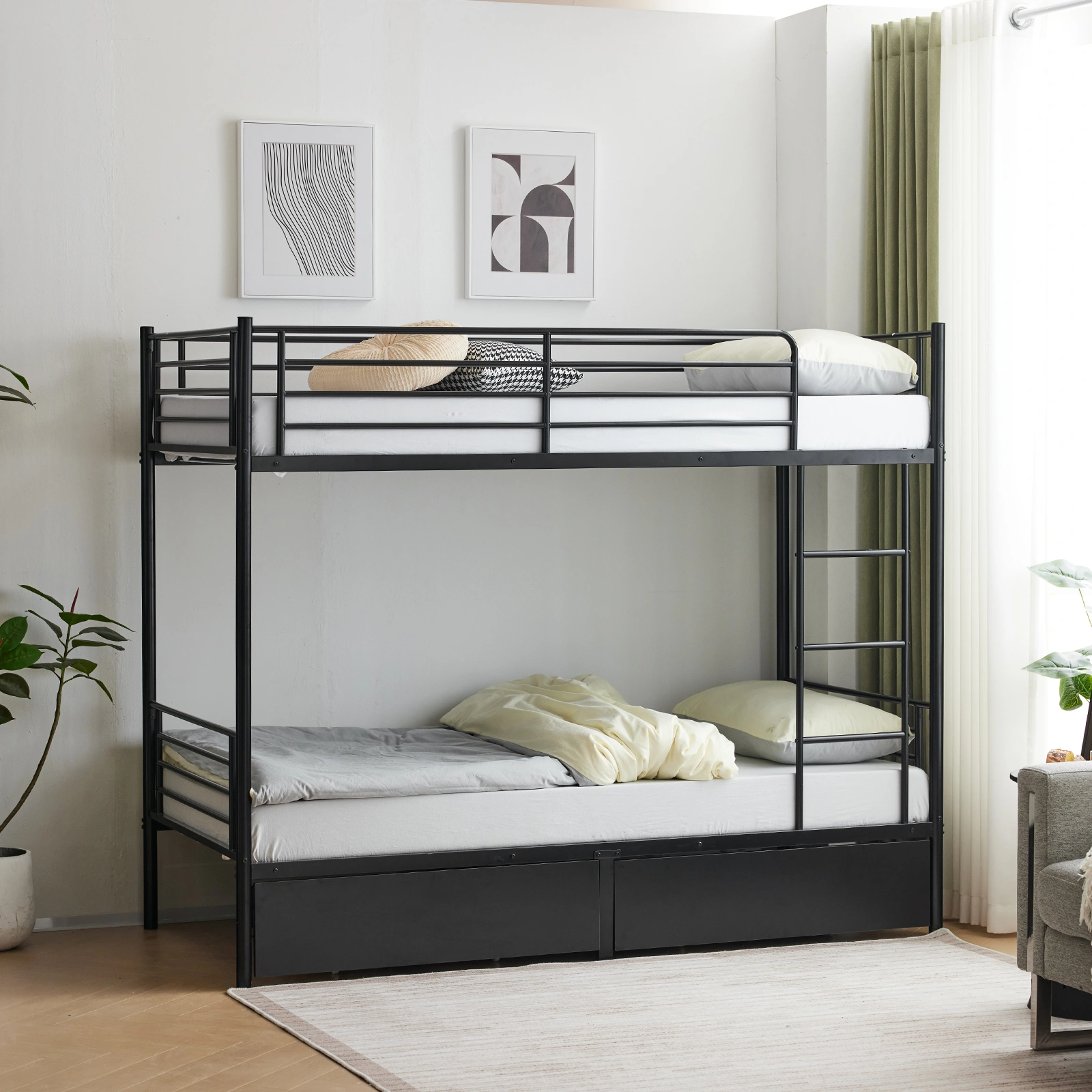 Twin Over Twin Metal Bunk Bed with 2 Storage Drawers Full-Length Guard Rail, Heavy Duty, Black view 10