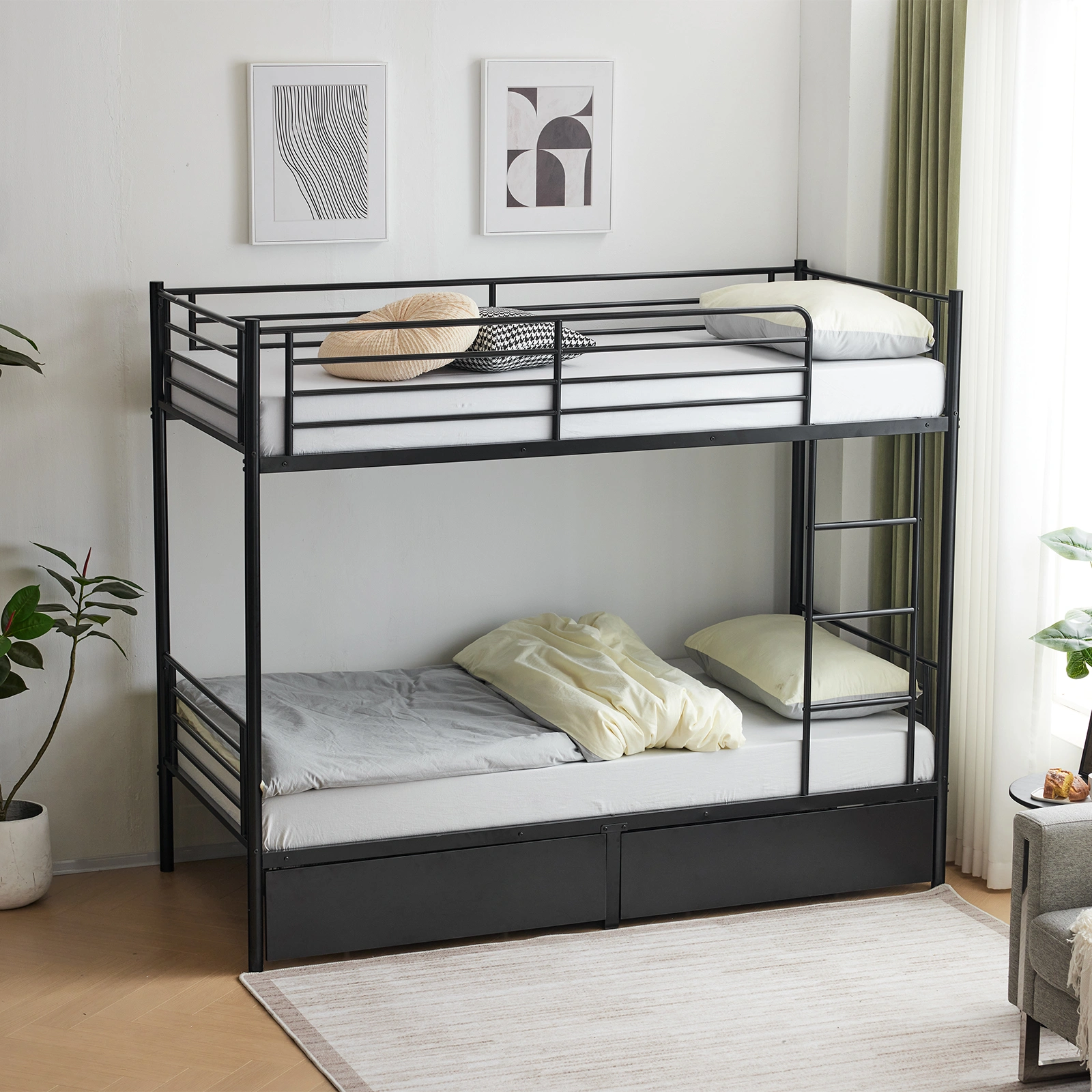 Twin Over Twin Metal Bunk Bed with 2 Storage Drawers Full-Length Guard Rail, Heavy Duty, Black view 11