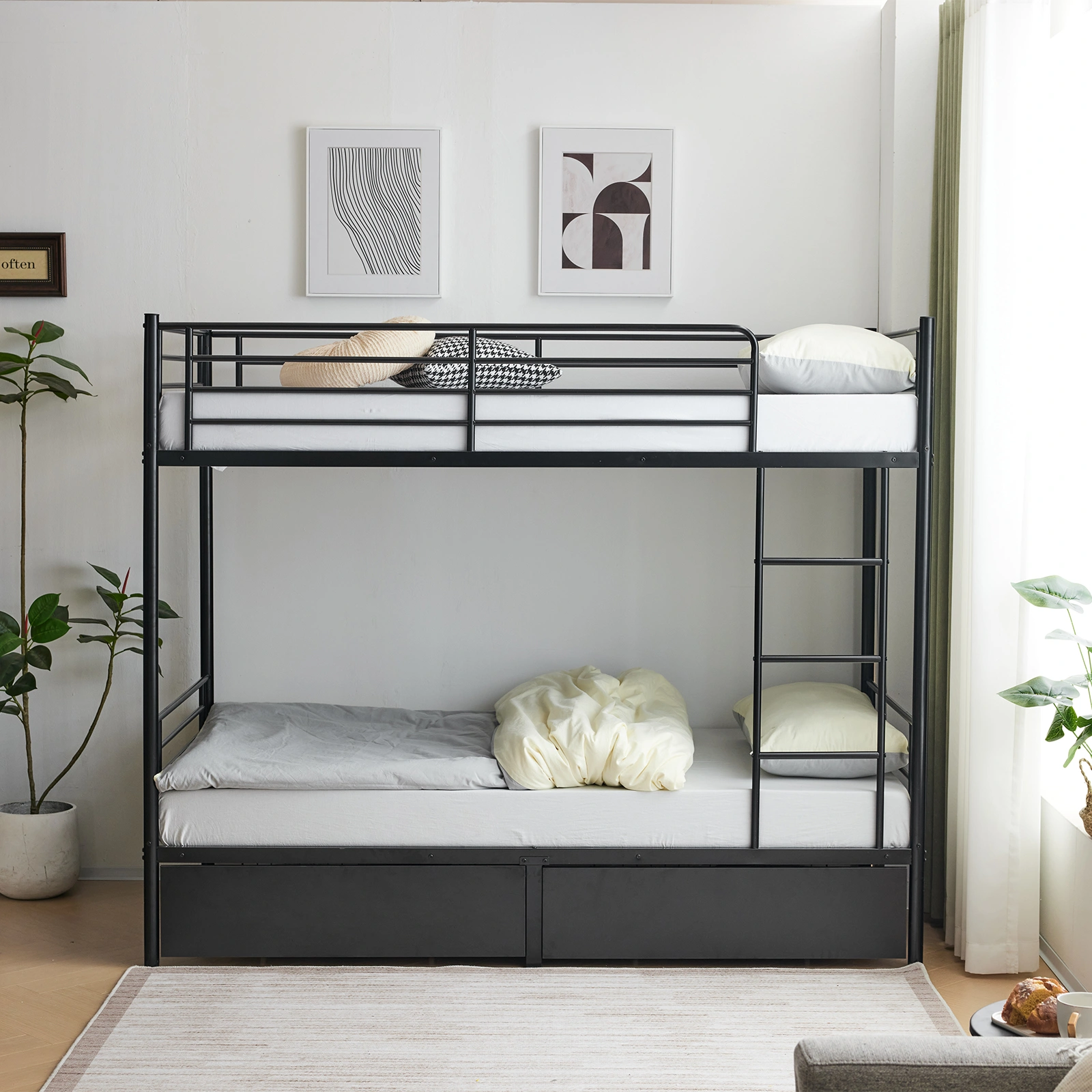 Twin Over Twin Metal Bunk Bed with 2 Storage Drawers Full-Length Guard Rail, Heavy Duty, Black view 12