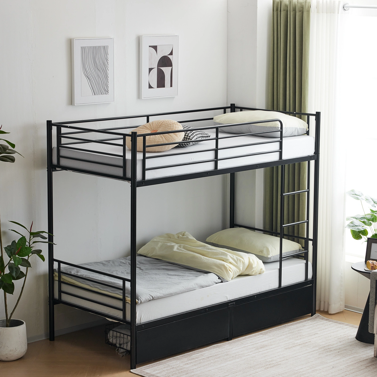 Twin Over Twin Metal Bunk Bed with 2 Storage Drawers Full-Length Guard Rail, Heavy Duty, Black view 2