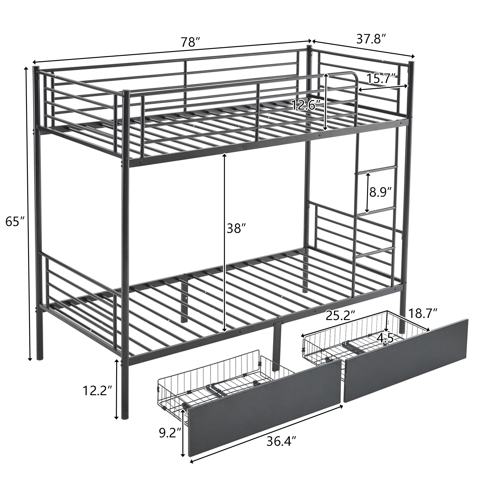 Twin Over Twin Metal Bunk Bed with 2 Storage Drawers Full-Length Guard Rail, Heavy Duty, Black view 3