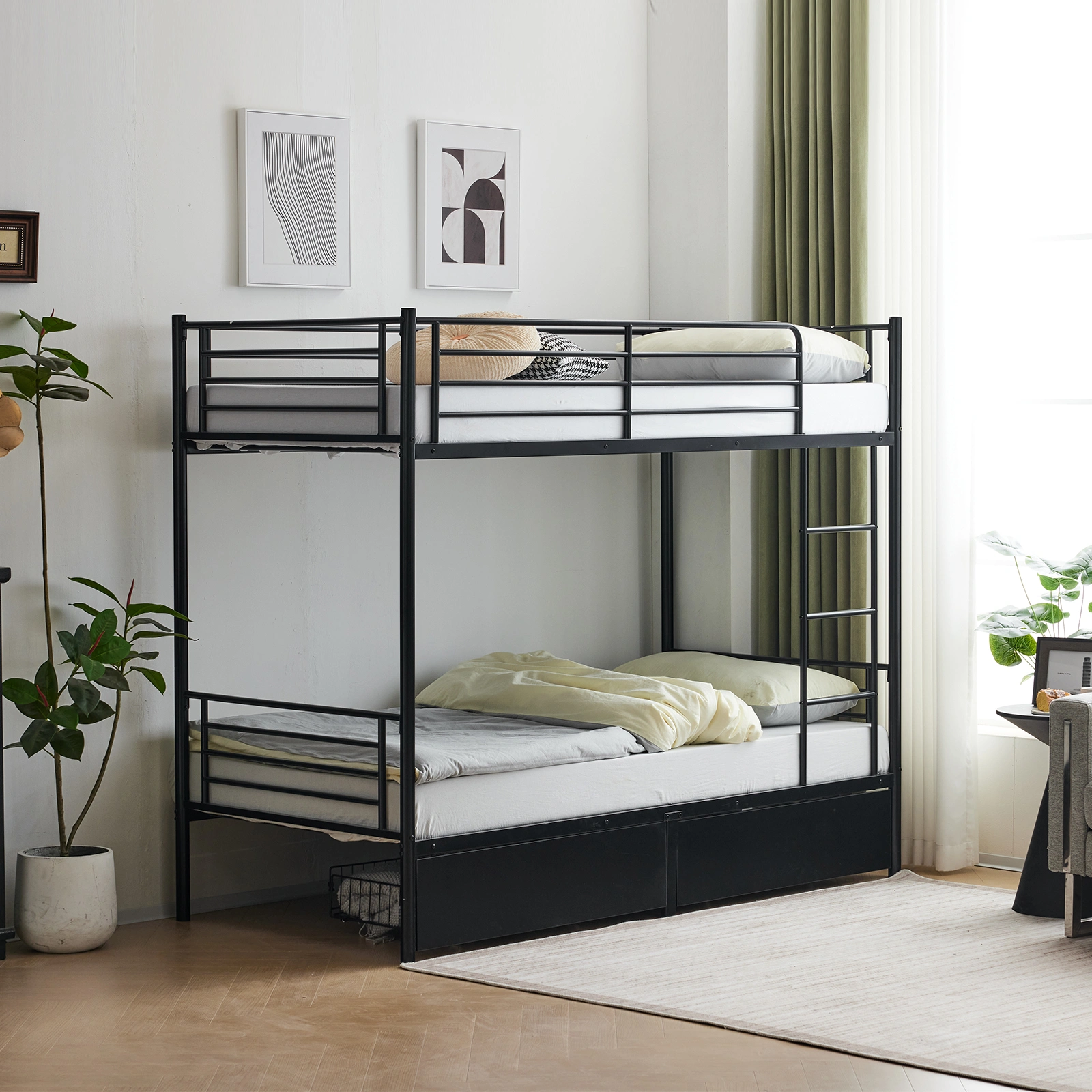Twin Over Twin Metal Bunk Bed with 2 Storage Drawers Full-Length Guard Rail, Heavy Duty, Black view 4