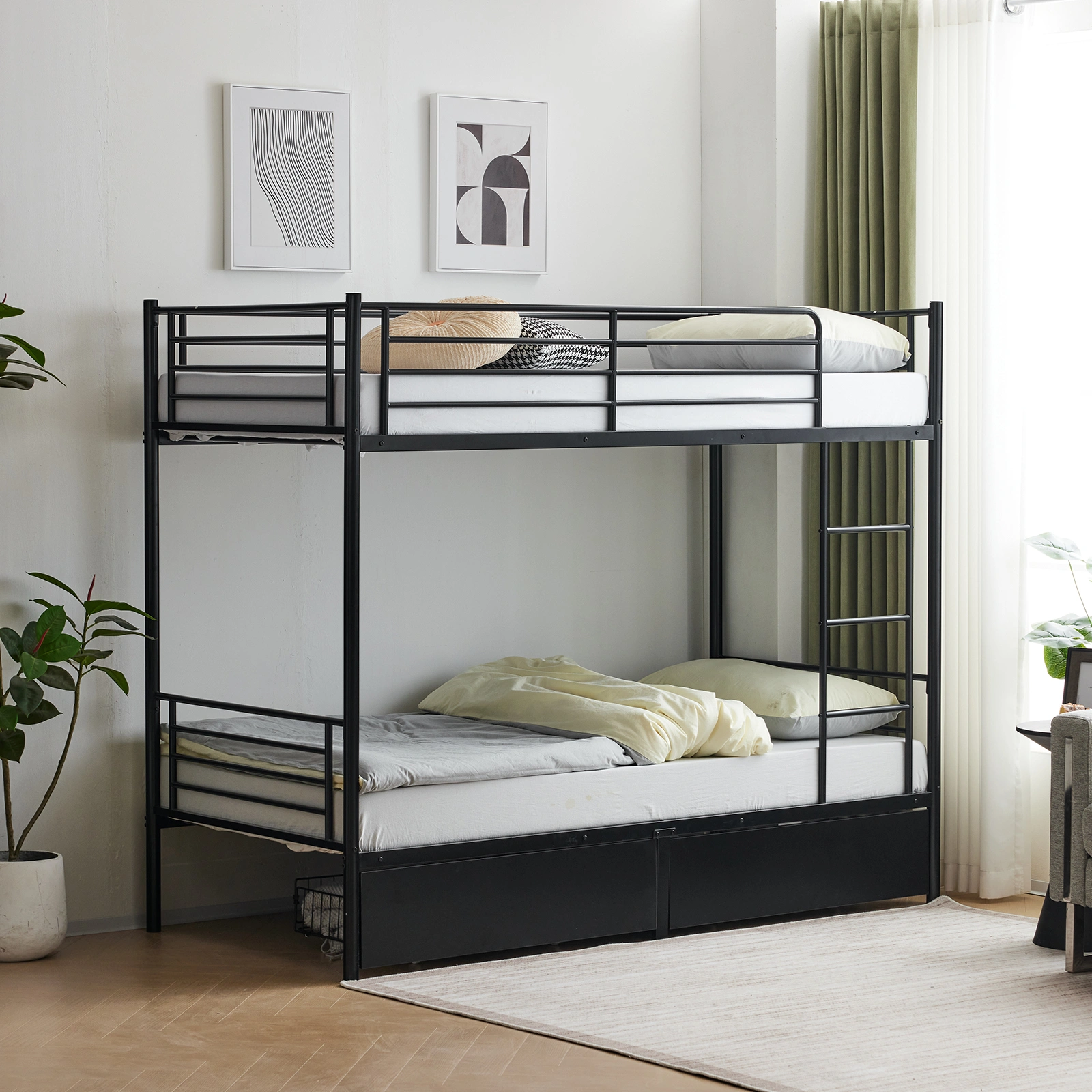 Twin Over Twin Metal Bunk Bed with 2 Storage Drawers Full-Length Guard Rail, Heavy Duty, Black view 5