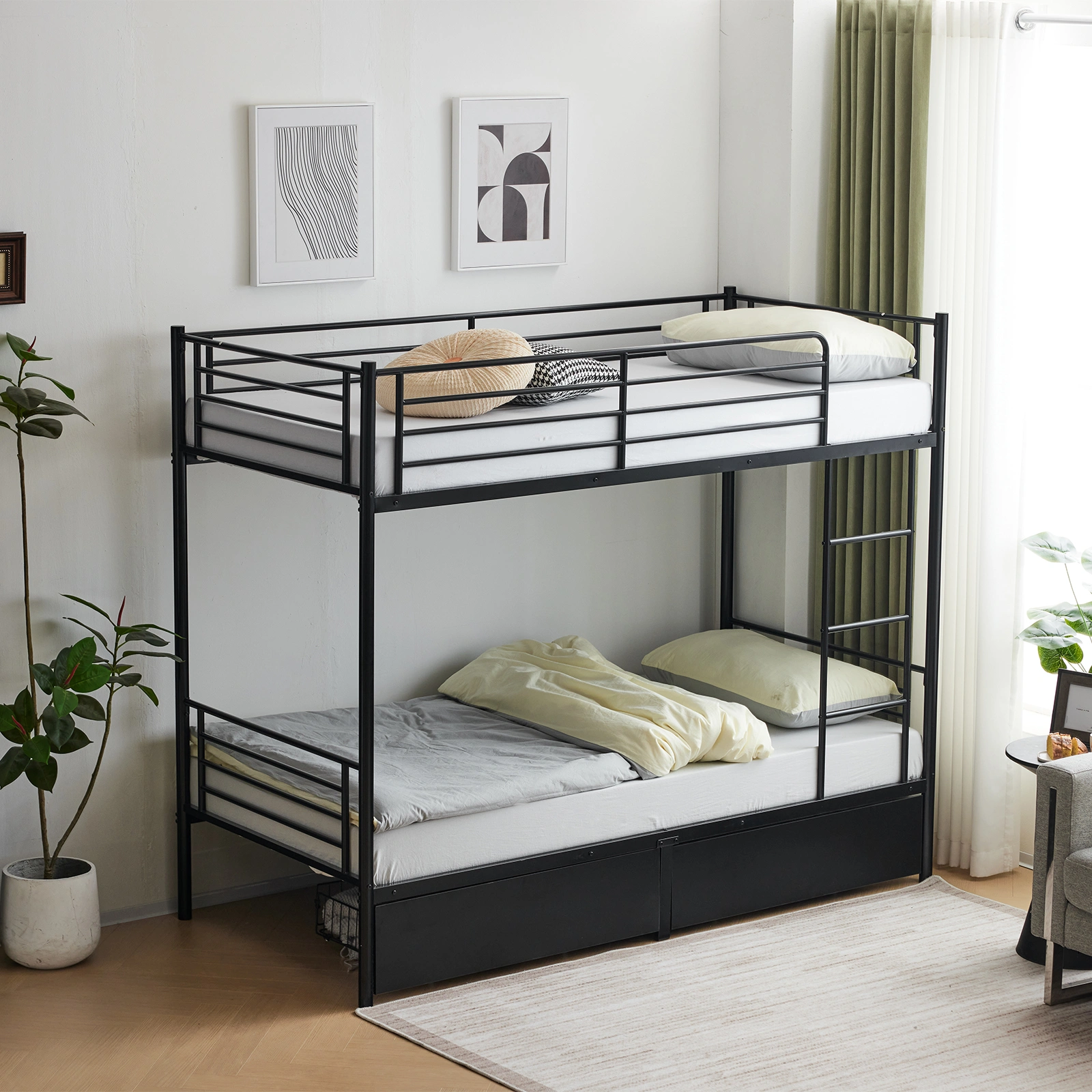 Twin Over Twin Metal Bunk Bed with 2 Storage Drawers Full-Length Guard Rail, Heavy Duty, Black view 6