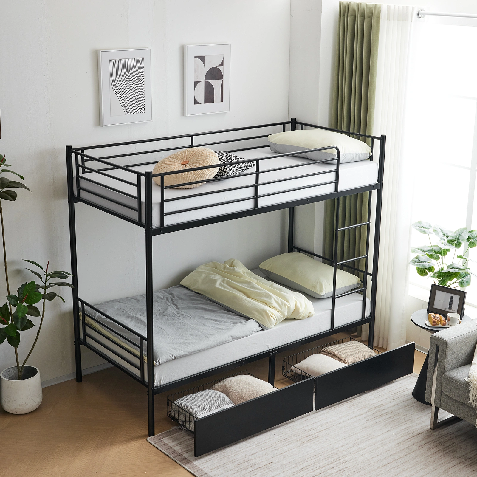 Twin Over Twin Metal Bunk Bed with 2 Storage Drawers Full-Length Guard Rail, Heavy Duty, Black view 7