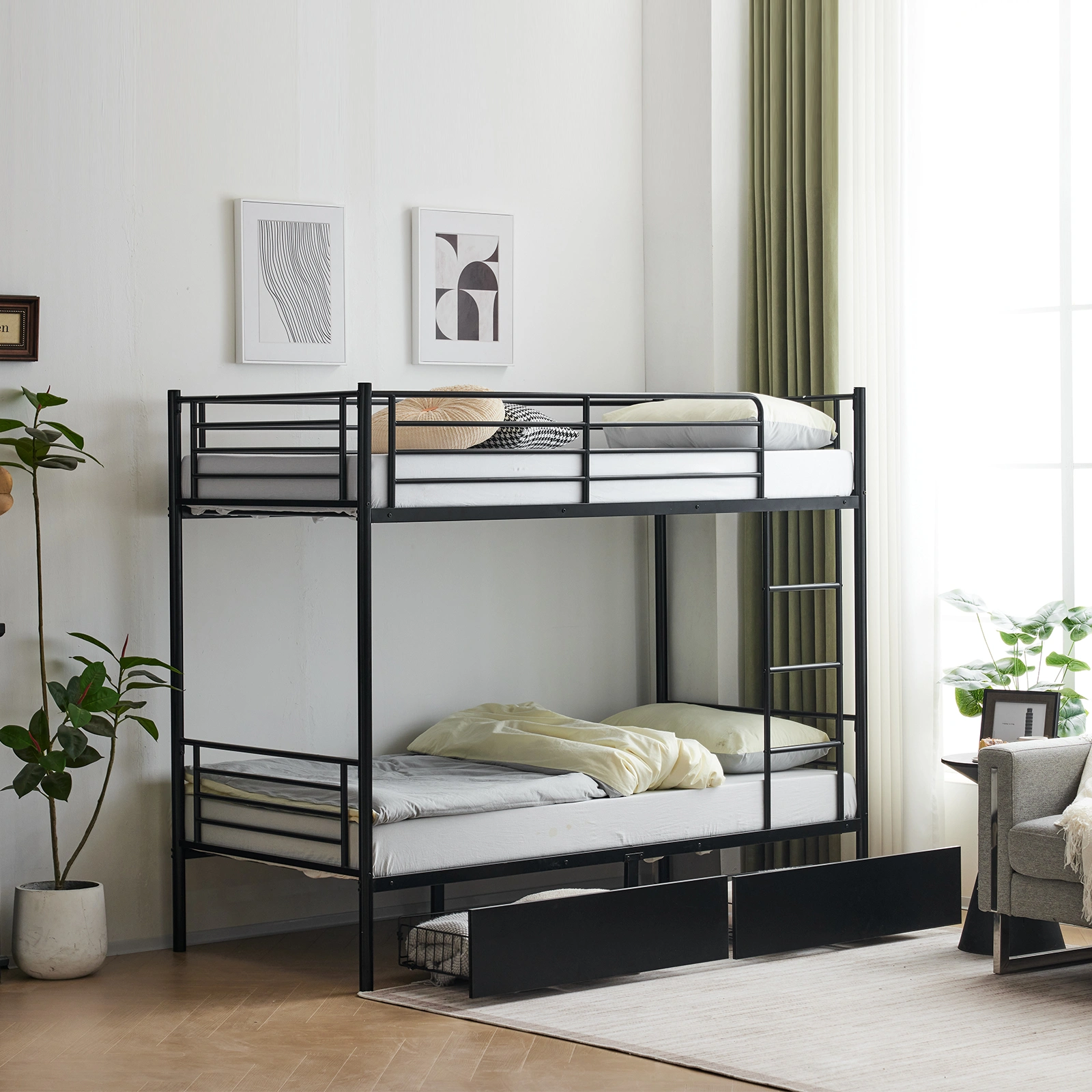 Twin Over Twin Metal Bunk Bed with 2 Storage Drawers Full-Length Guard Rail, Heavy Duty, Black view 8