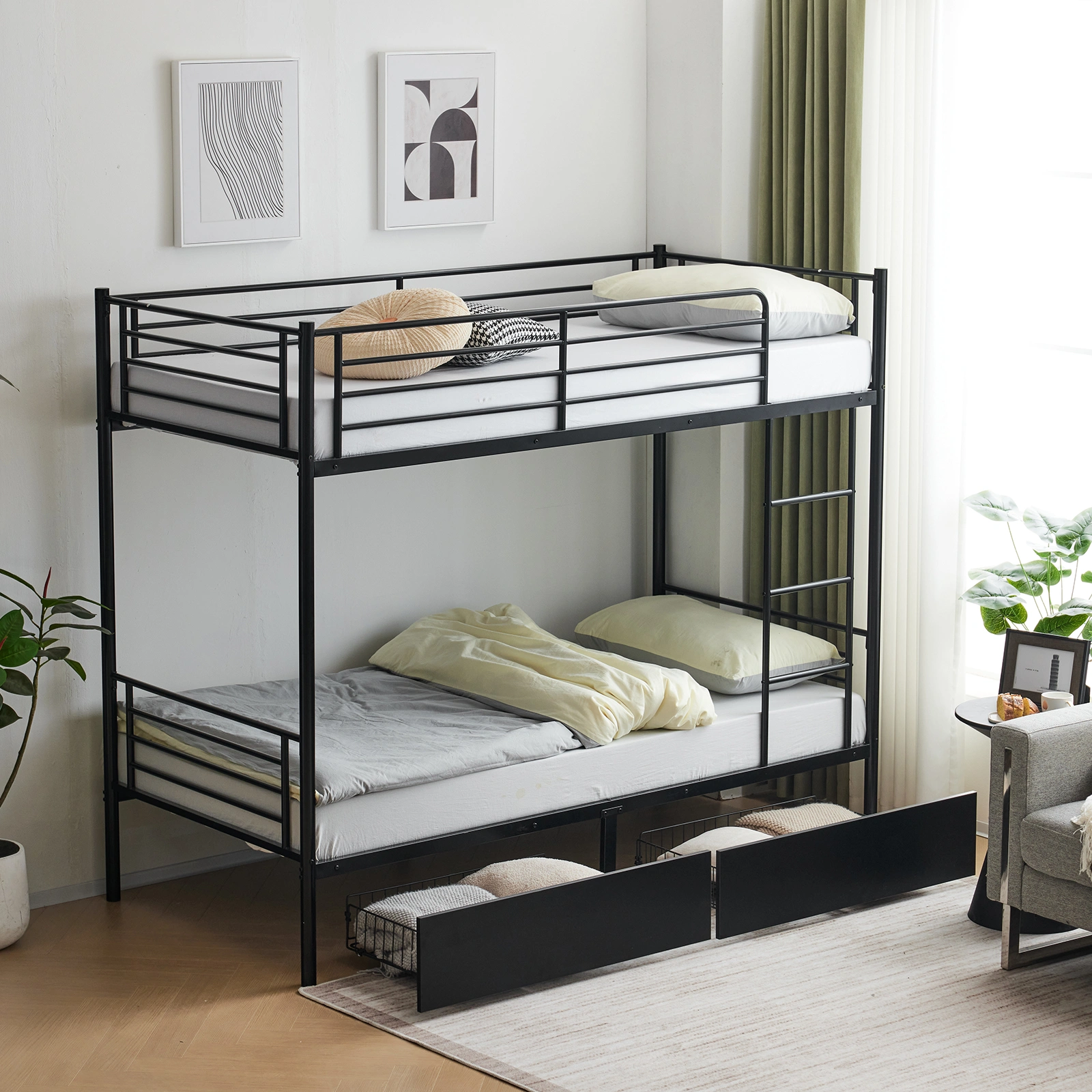 Twin Over Twin Metal Bunk Bed with 2 Storage Drawers Full-Length Guard Rail, Heavy Duty, Black view 9