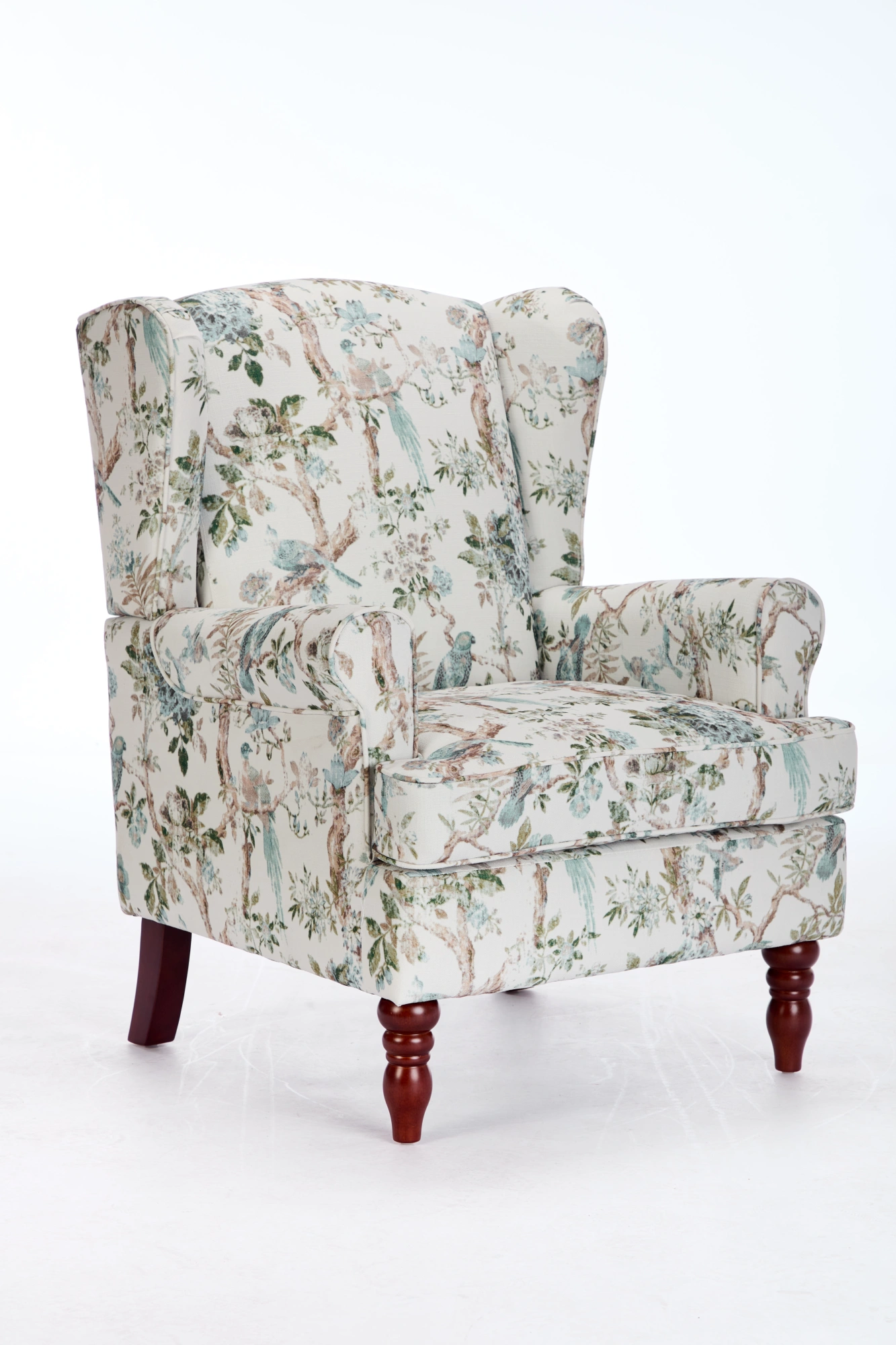 Modern Accent Chair with Retro Wood Legs, Comfy Upholstered Armchair, Floral Design Single Sofa Chair for Living Room Bedroom Office - Floral Blue Bird view 12