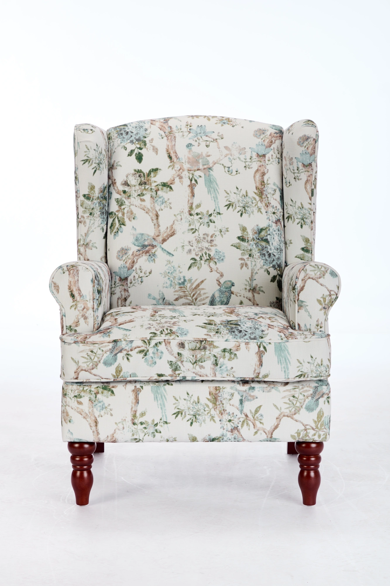 Modern Accent Chair with Retro Wood Legs, Comfy Upholstered Armchair, Floral Design Single Sofa Chair for Living Room Bedroom Office - Floral Blue Bird view 15