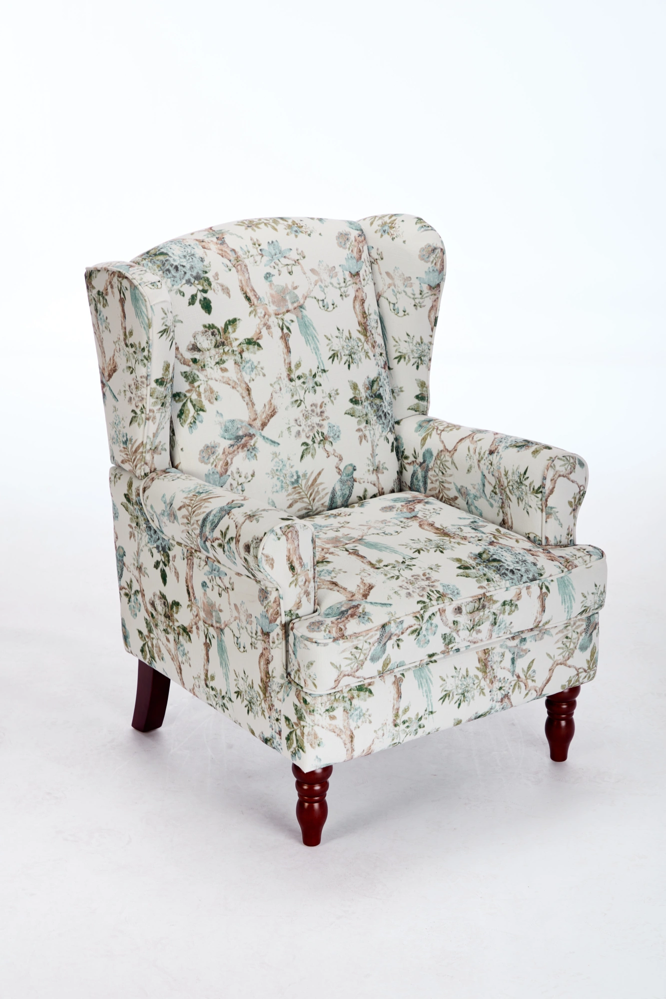 Modern Accent Chair with Retro Wood Legs, Comfy Upholstered Armchair, Floral Design Single Sofa Chair for Living Room Bedroom Office - Floral Blue Bird view 17