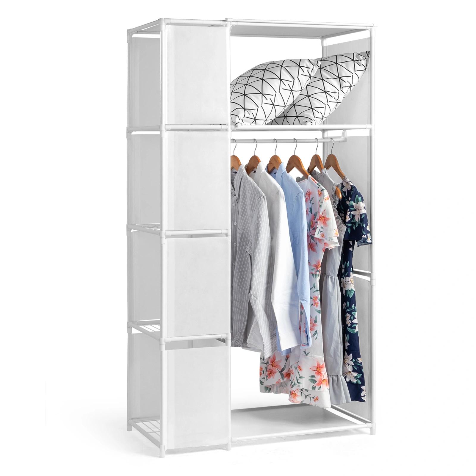 4-Tier Double Row Wardrobe with Curtains, Non-Woven Fabric Hanging Closet with Storage Shelves, White 88.5x44.5x162.5cm