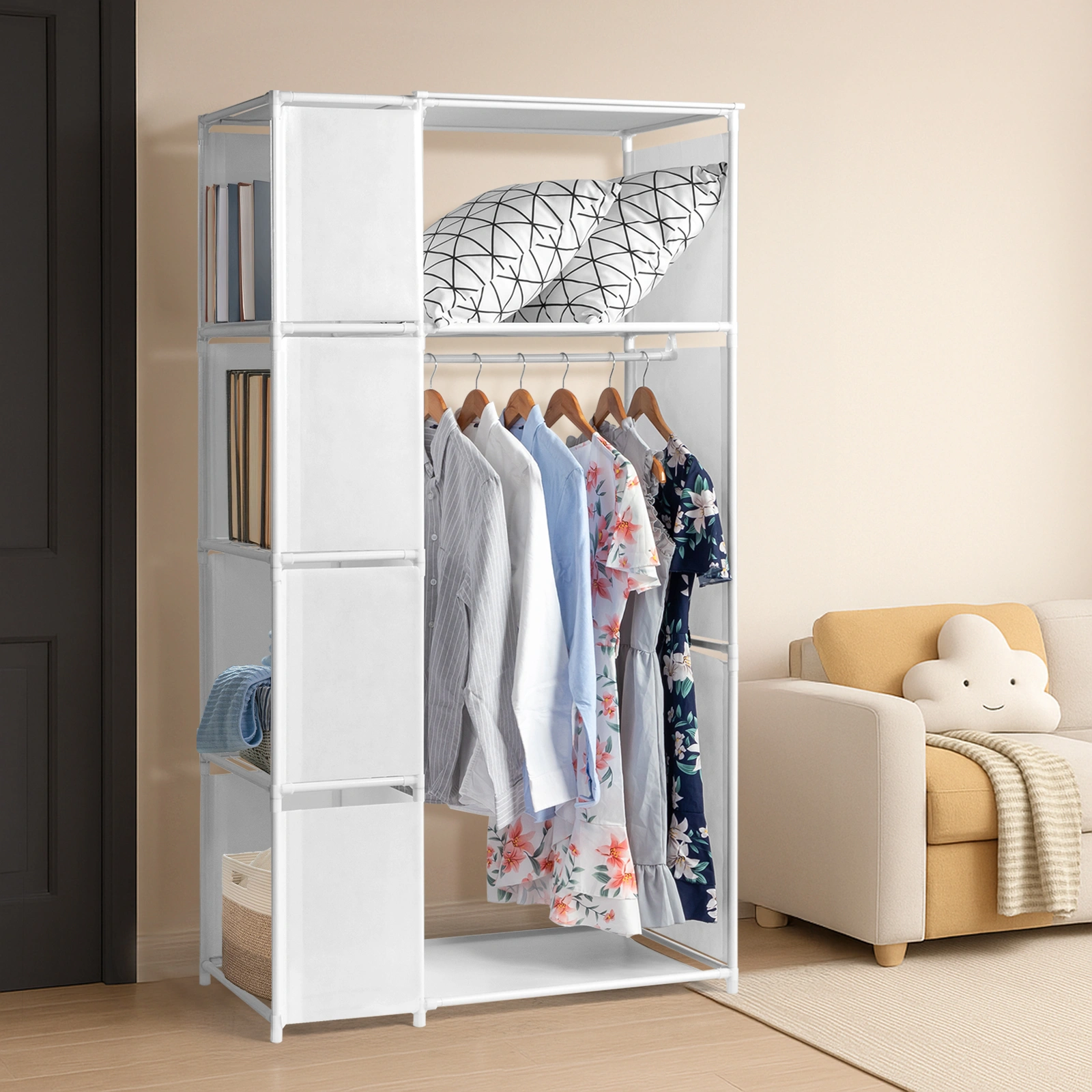 4-Tier Double Row Wardrobe with Curtains, Non-Woven Fabric Hanging Closet with Storage Shelves, White 88.5x44.5x162.5cm view 2