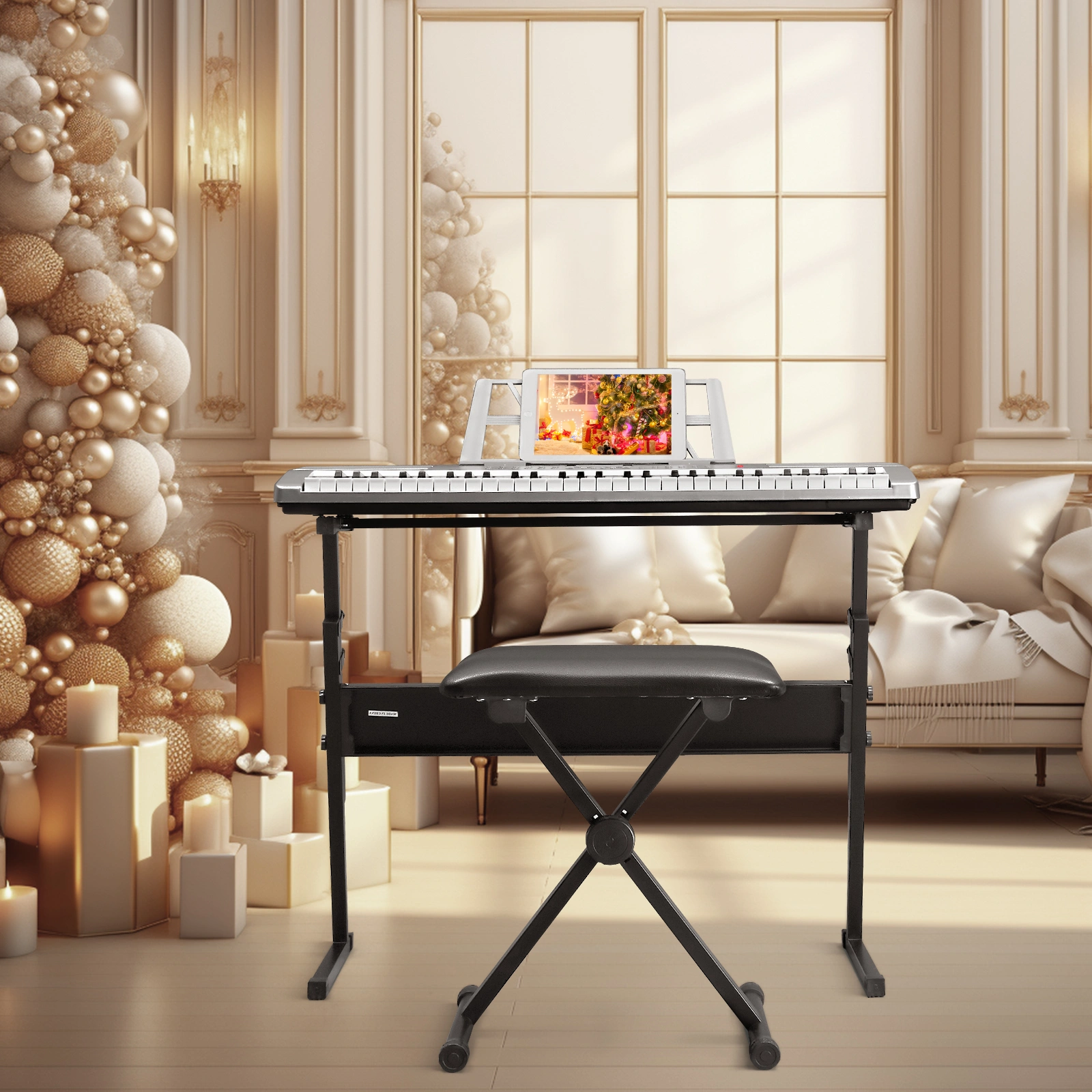 GEP-110 61 Key Lighting Keyboard with Piano Stand, Piano Bench, Built In Speakers, Headphone, Microphone, Music Rest, LED Screen, 3 Teaching Modes for Beginners view 10