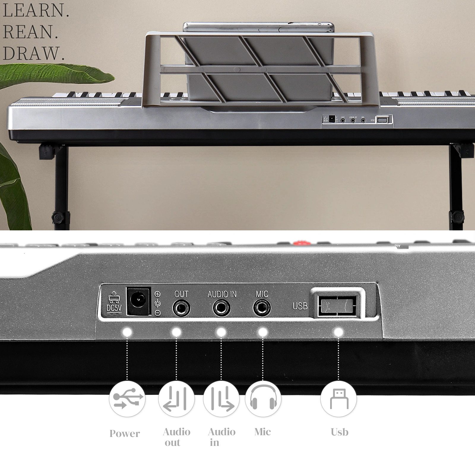 GEP-110 61 Key Lighting Keyboard with Piano Stand, Piano Bench, Built In Speakers, Headphone, Microphone, Music Rest, LED Screen, 3 Teaching Modes for Beginners view 3