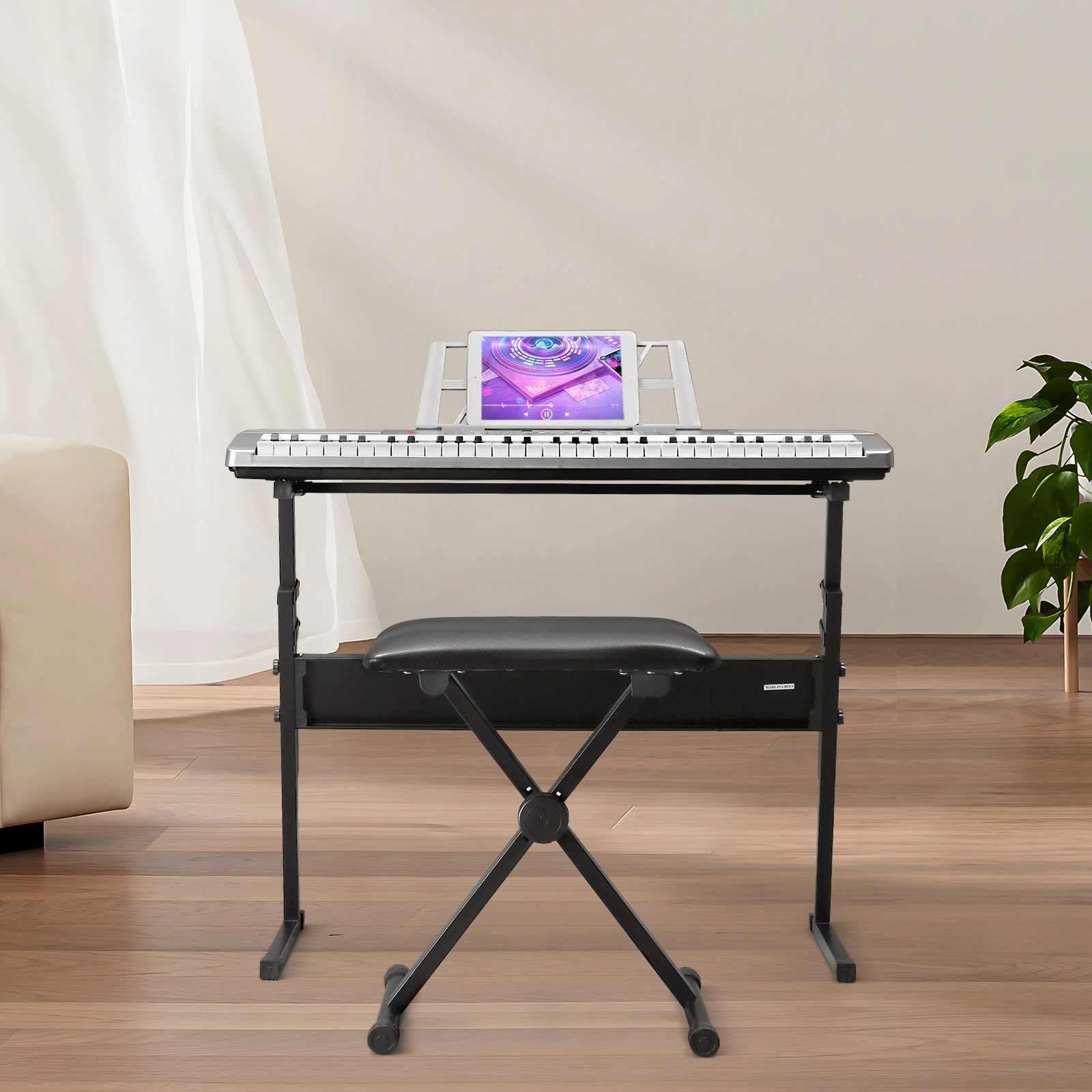 GEP-110 61 Key Lighting Keyboard with Piano Stand, Piano Bench, Built In Speakers, Headphone, Microphone, Music Rest, LED Screen, 3 Teaching Modes for Beginners view 8