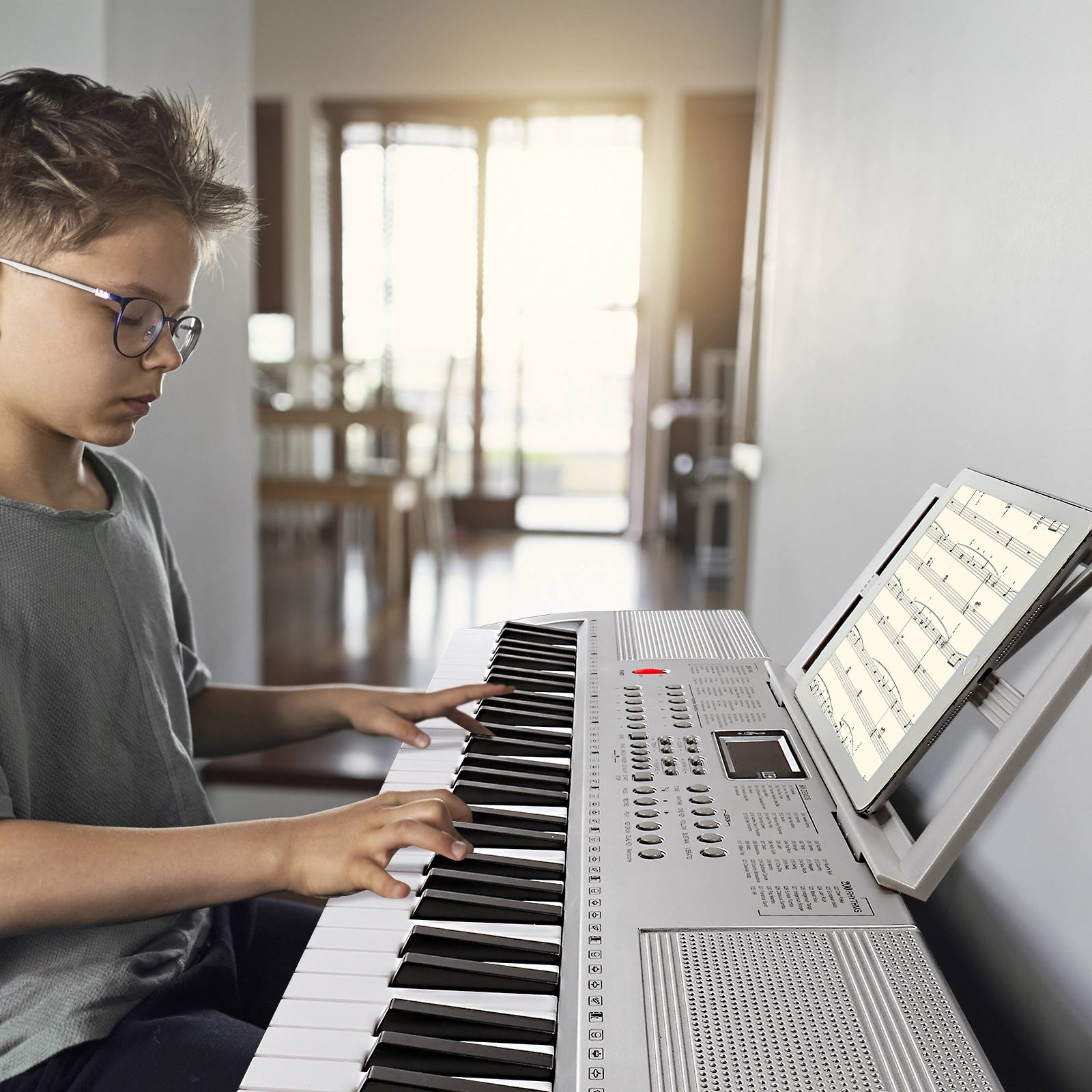 GEP-110 61 Key Lighting Keyboard with Piano Stand, Piano Bench, Built In Speakers, Headphone, Microphone, Music Rest, LED Screen, 3 Teaching Modes for Beginners view 9