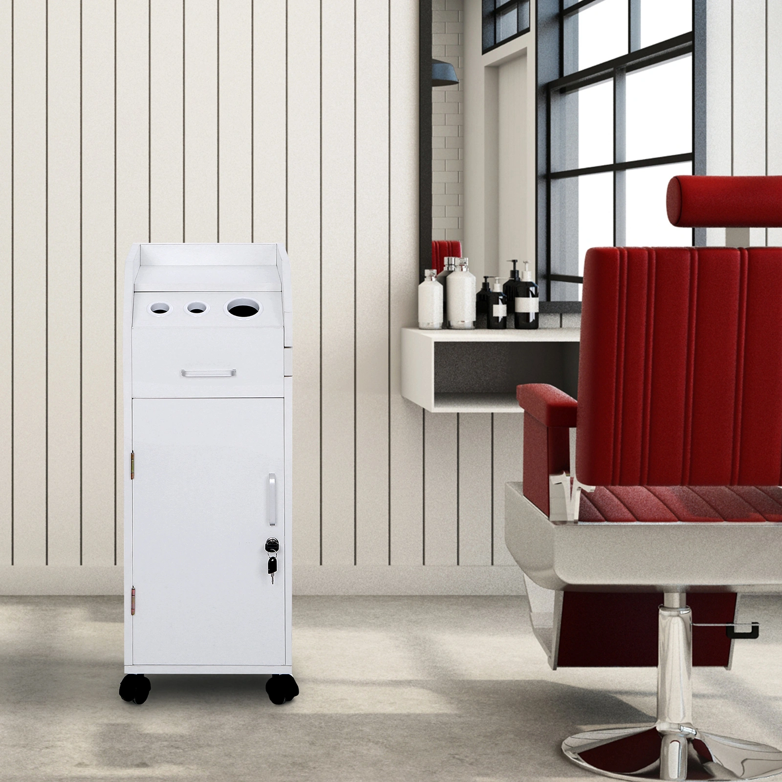 White Hair Salon Storage Cart with Wheels, 3 Hair Dryer Holders, 4 Drawers, Lock & 2 Keys, Mobile Hairdressing Tools Station view 13
