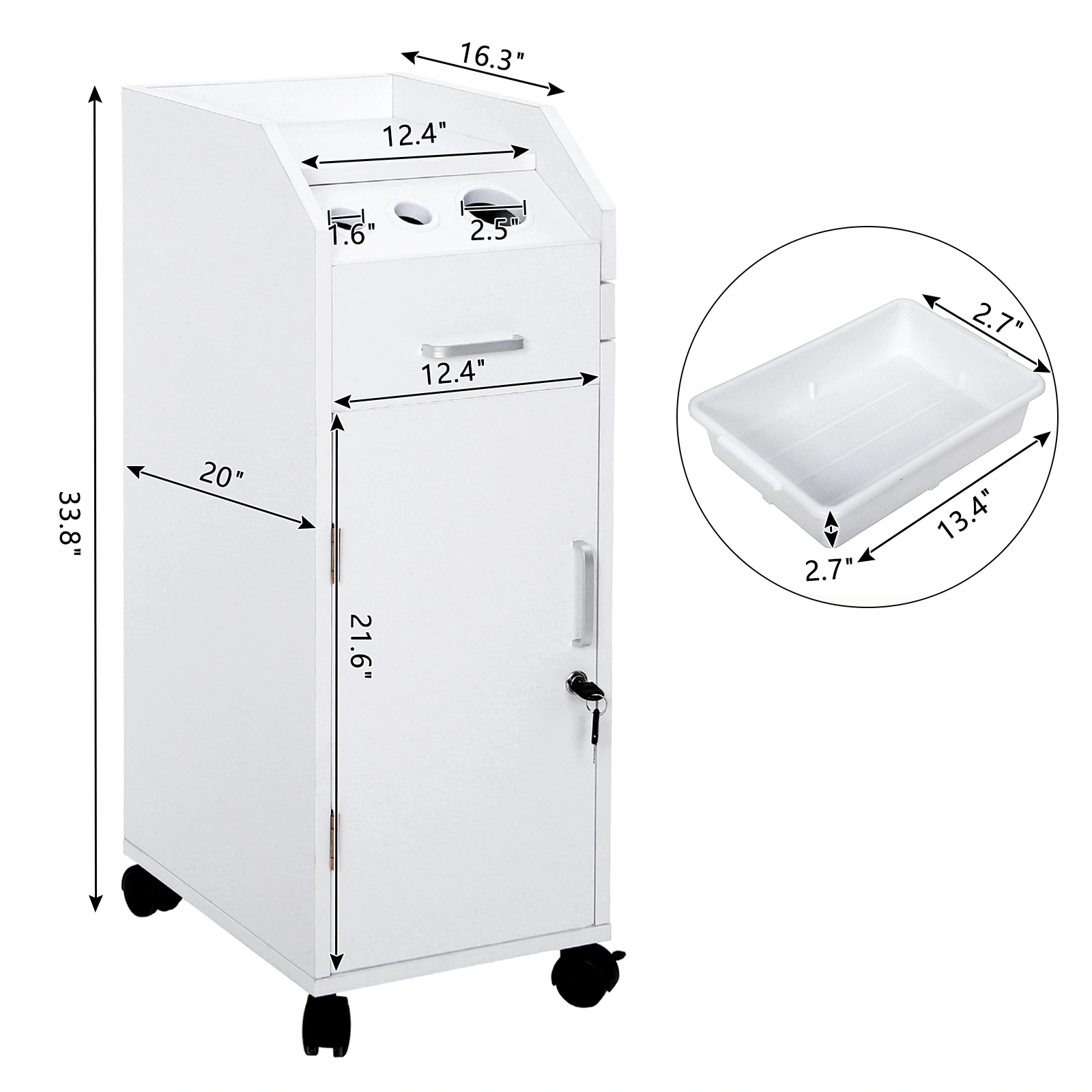 White Hair Salon Storage Cart with Wheels, 3 Hair Dryer Holders, 4 Drawers, Lock & 2 Keys, Mobile Hairdressing Tools Station view 14