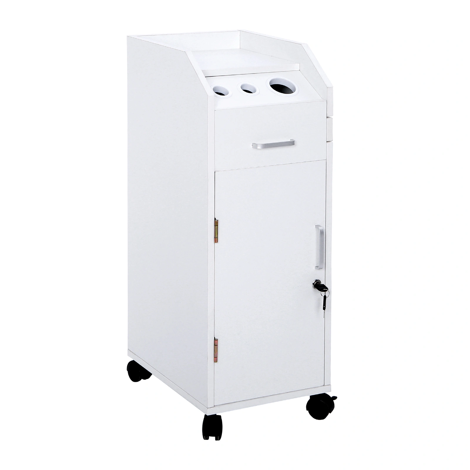 White Hair Salon Storage Cart with Wheels, 3 Hair Dryer Holders, 4 Drawers, Lock & 2 Keys, Mobile Hairdressing Tools Station view 2