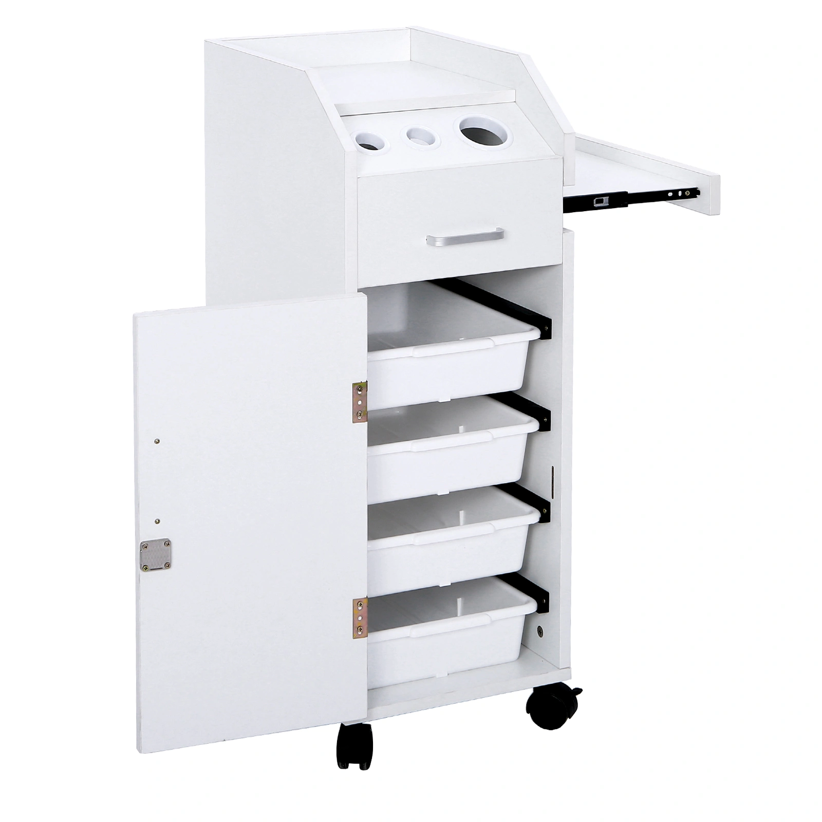White Hair Salon Storage Cart with Wheels, 3 Hair Dryer Holders, 4 Drawers, Lock & 2 Keys, Mobile Hairdressing Tools Station view 3