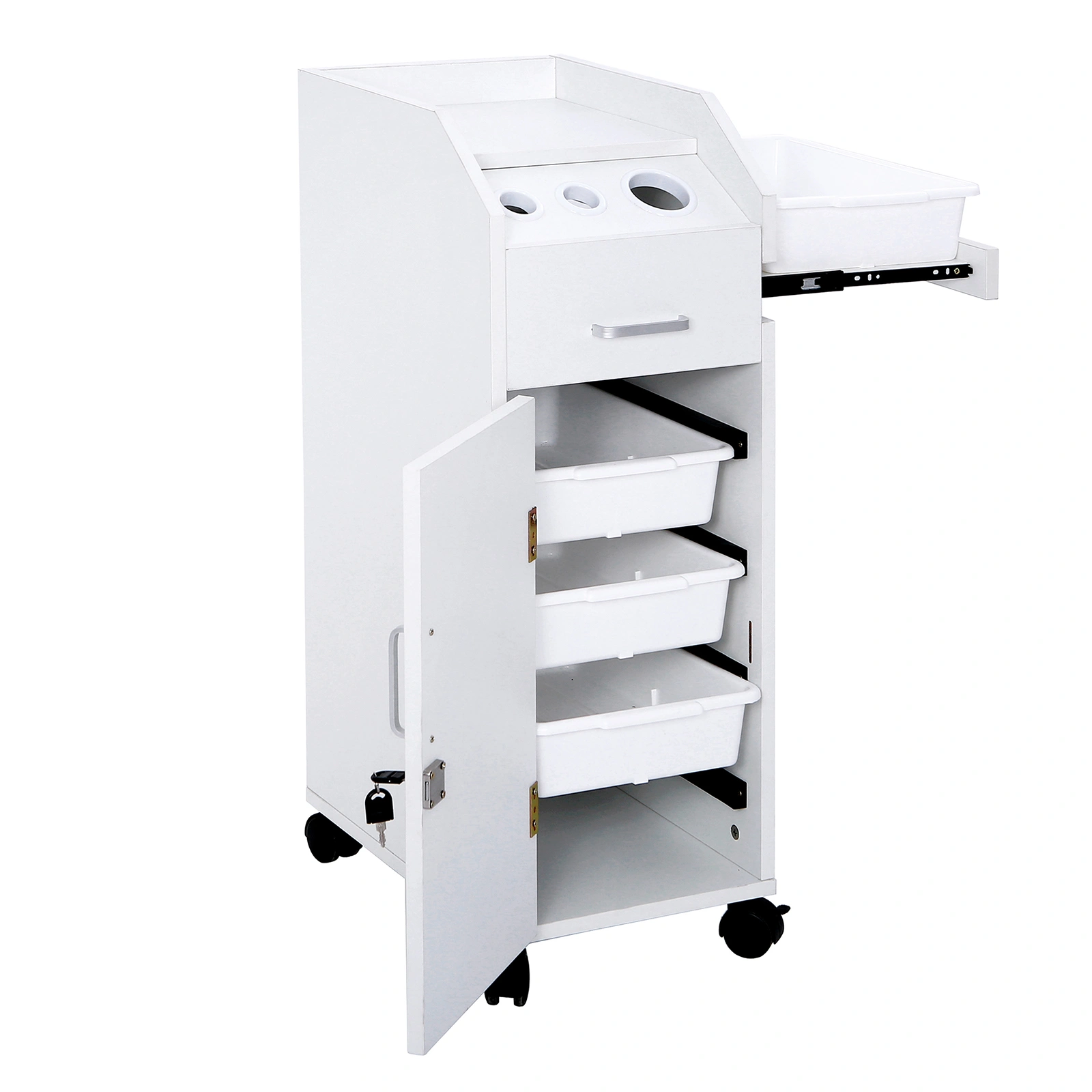 White Hair Salon Storage Cart with Wheels, 3 Hair Dryer Holders, 4 Drawers, Lock & 2 Keys, Mobile Hairdressing Tools Station view 4