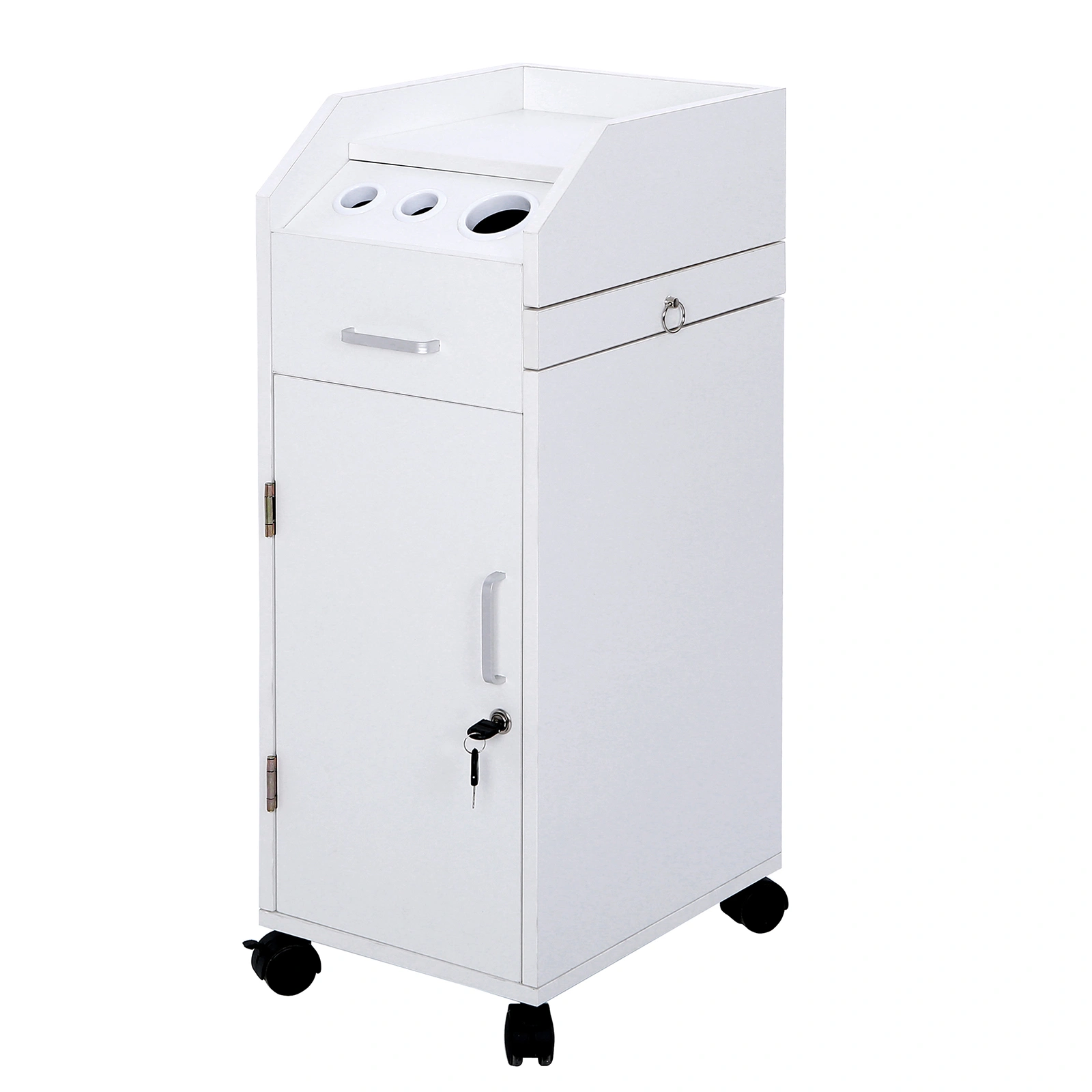 White Hair Salon Storage Cart with Wheels, 3 Hair Dryer Holders, 4 Drawers, Lock & 2 Keys, Mobile Hairdressing Tools Station view 5