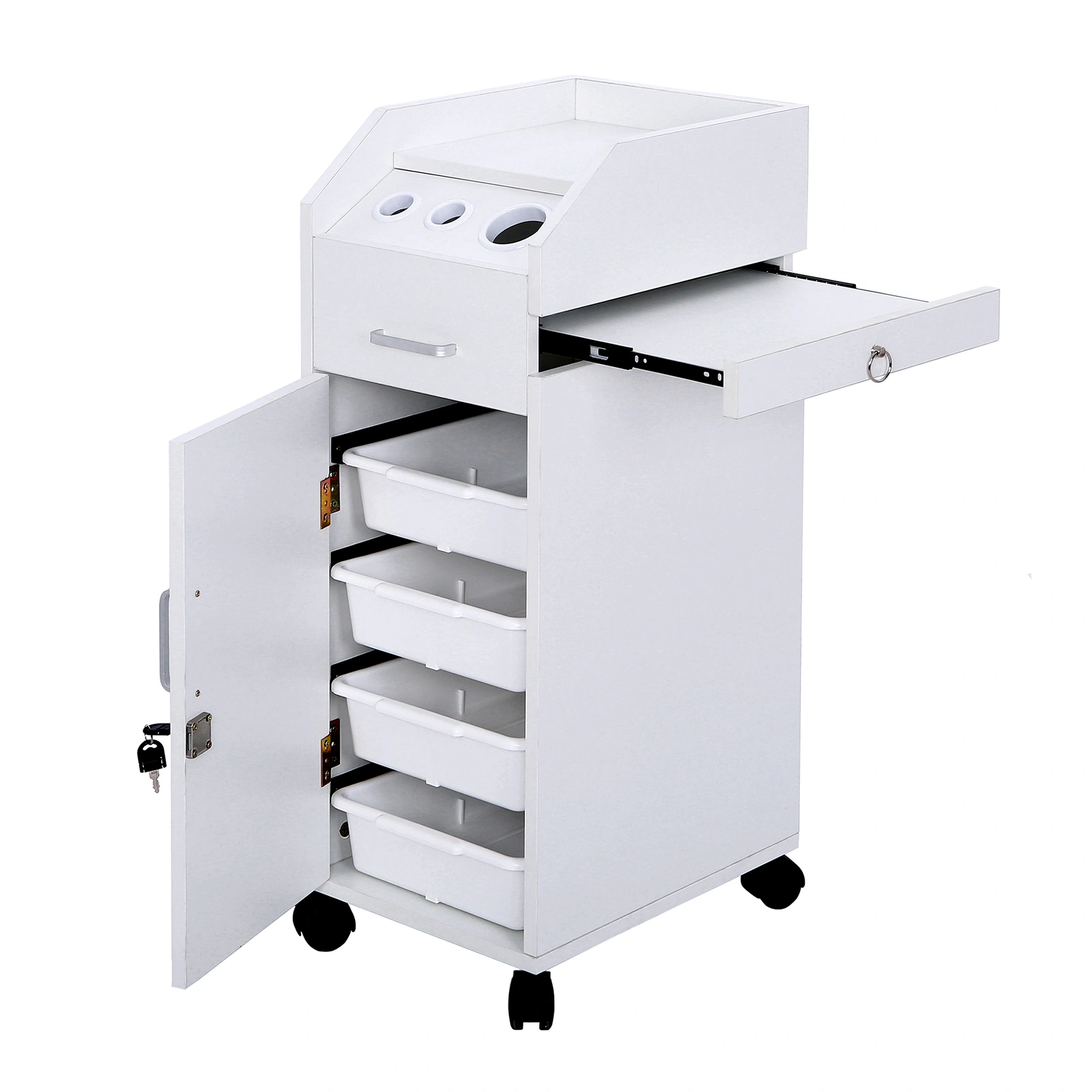 White Hair Salon Storage Cart with Wheels, 3 Hair Dryer Holders, 4 Drawers, Lock & 2 Keys, Mobile Hairdressing Tools Station view 6