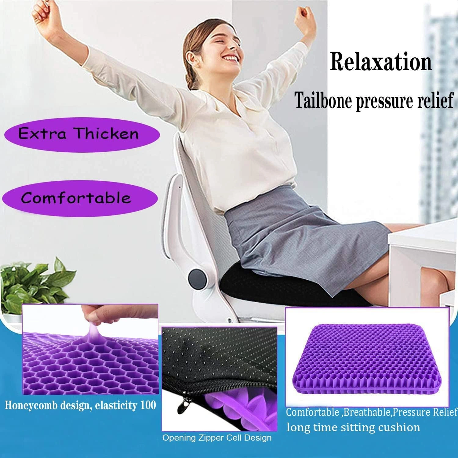 Honeycomb Breathable Gel Seat Cushion, Cooling Ergonomic Egg Sitting Pad Mat, Double Thick Memory Foam Office Chair Cushion