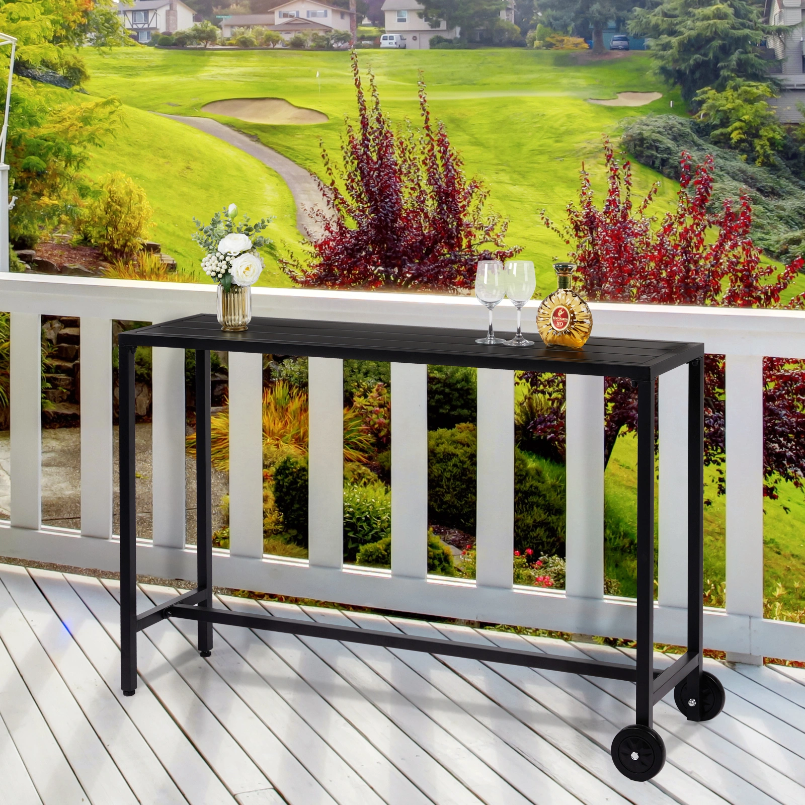 55" Outdoor Bar Table with Wheels, Rectangle Counter Height Table for Patio Balcony Poolside Garden, Black view 10