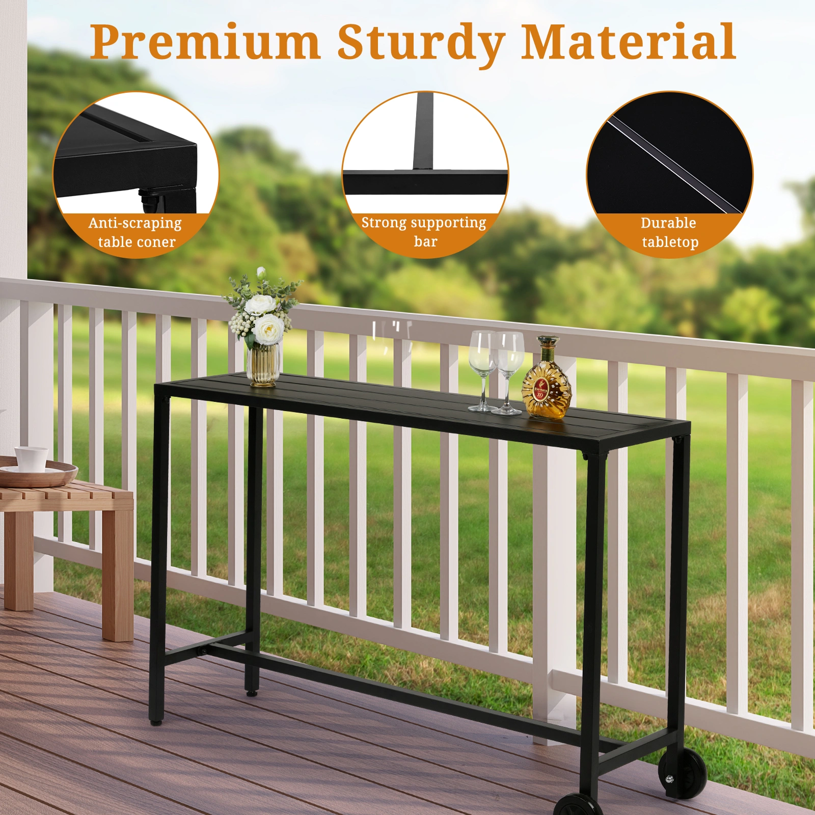 55" Outdoor Bar Table with Wheels, Rectangle Counter Height Table for Patio Balcony Poolside Garden, Black view 11