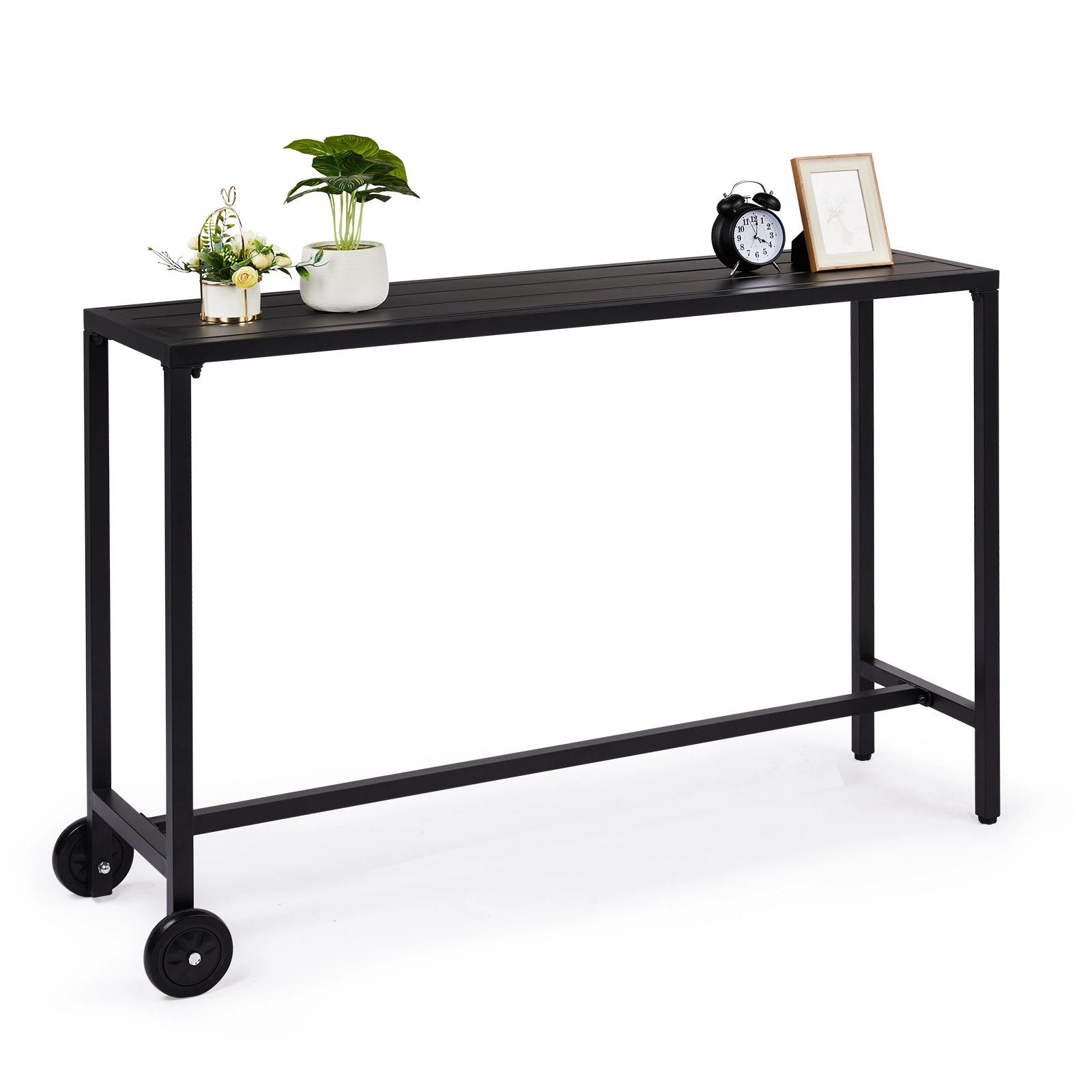 55" Outdoor Bar Table with Wheels, Rectangle Counter Height Table for Patio Balcony Poolside Garden, Black view 2