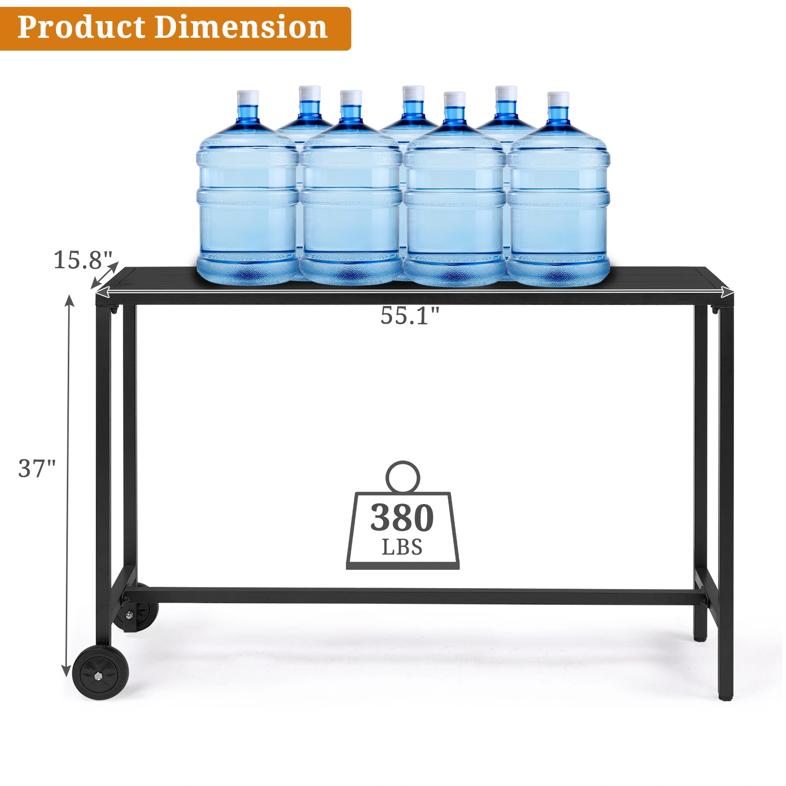 55" Outdoor Bar Table with Wheels, Rectangle Counter Height Table for Patio Balcony Poolside Garden, Black view 3
