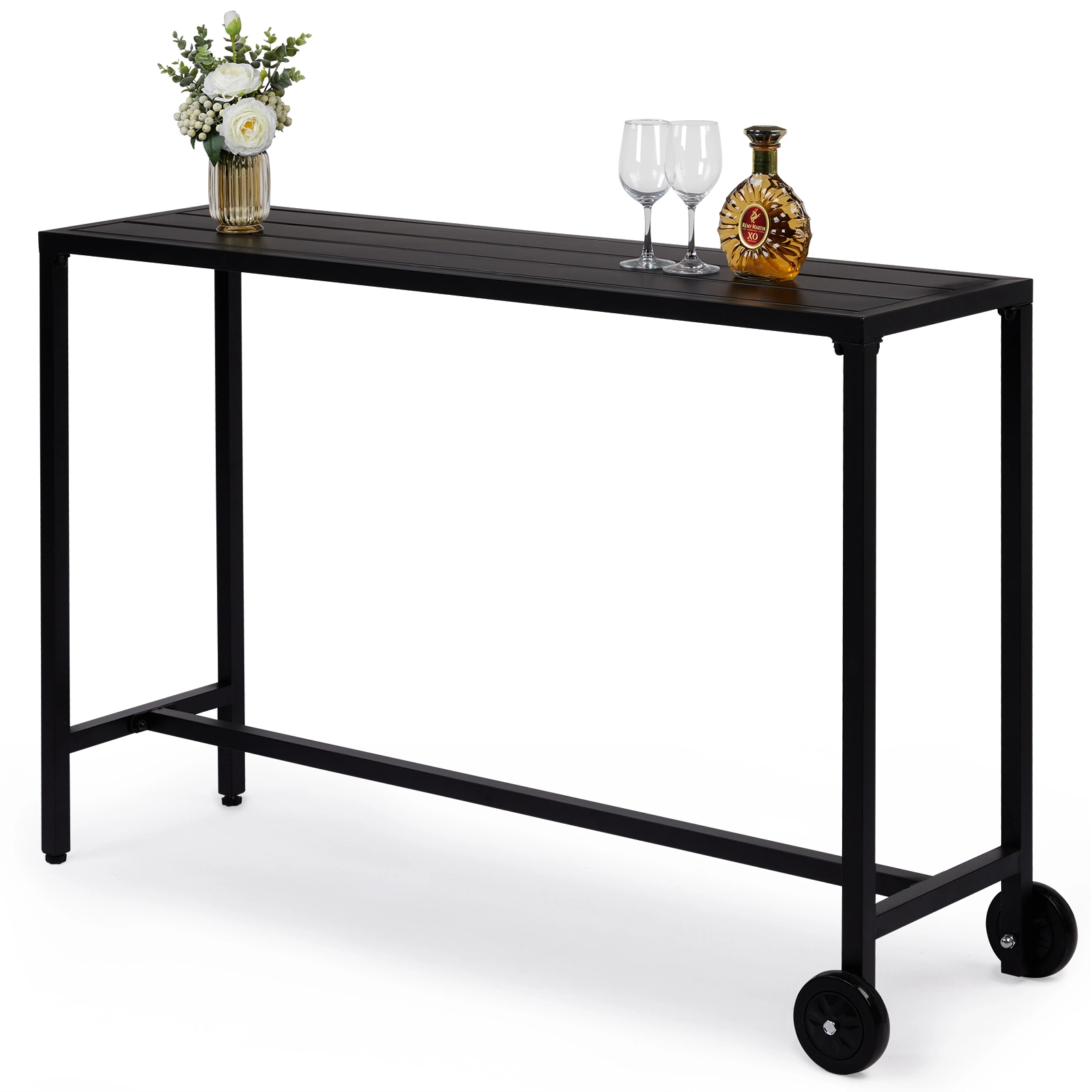 55" Outdoor Bar Table with Wheels, Rectangle Counter Height Table for Patio Balcony Poolside Garden, Black view 4