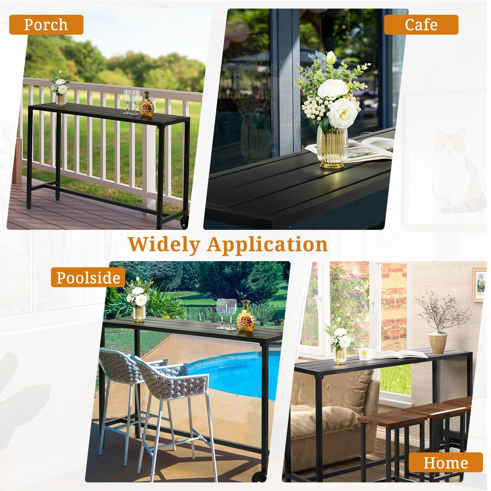 55" Outdoor Bar Table with Wheels, Rectangle Counter Height Table for Patio Balcony Poolside Garden, Black view 6