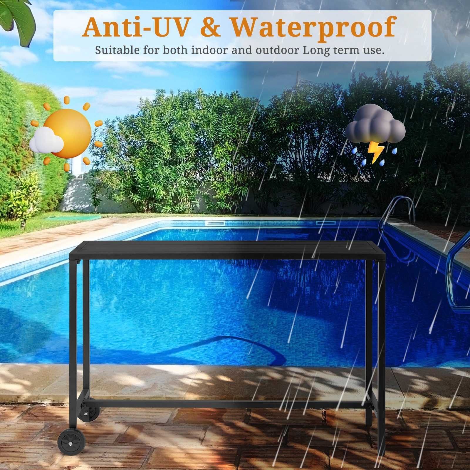 55" Outdoor Bar Table with Wheels, Rectangle Counter Height Table for Patio Balcony Poolside Garden, Black view 8