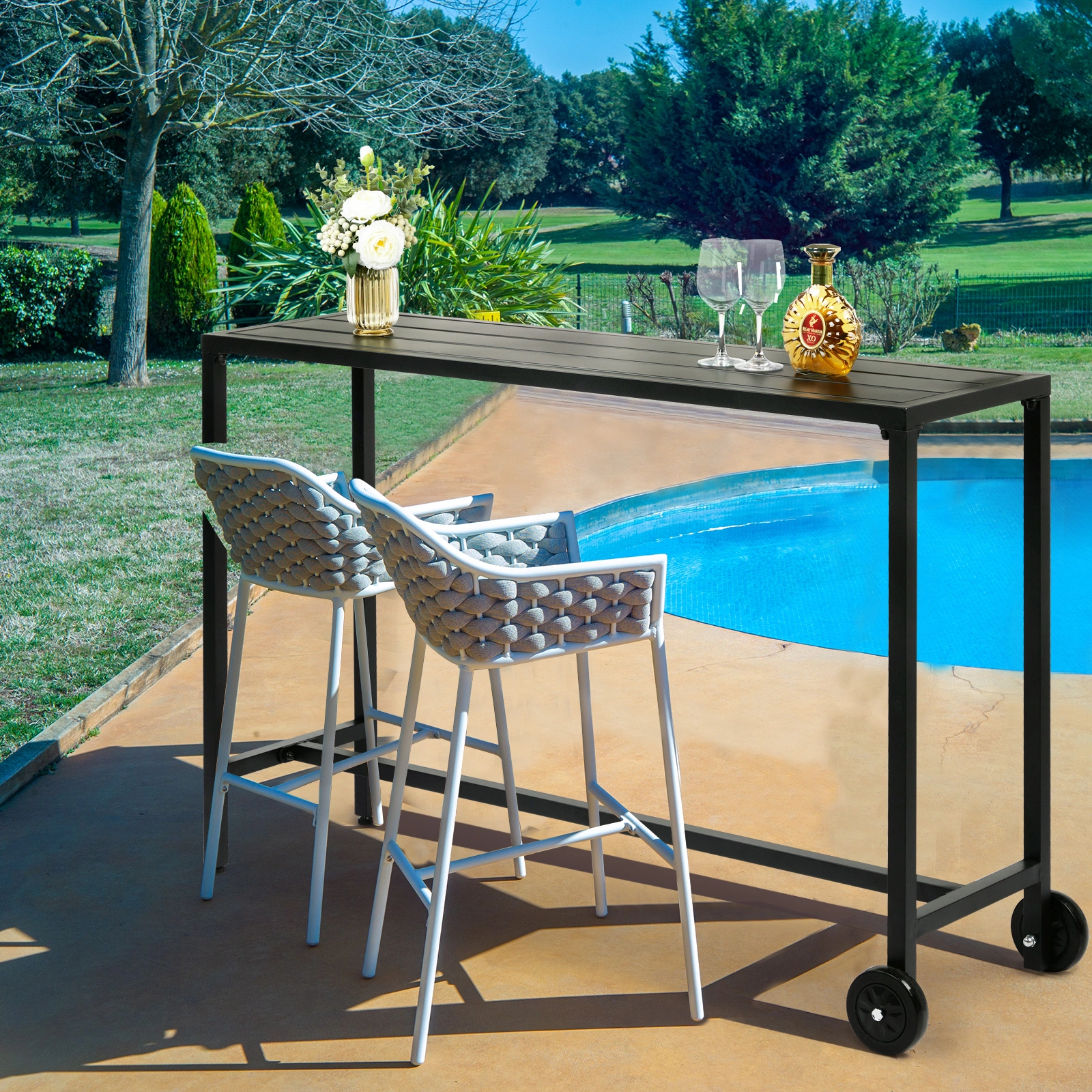 55" Outdoor Bar Table with Wheels, Rectangle Counter Height Table for Patio Balcony Poolside Garden, Black view 9