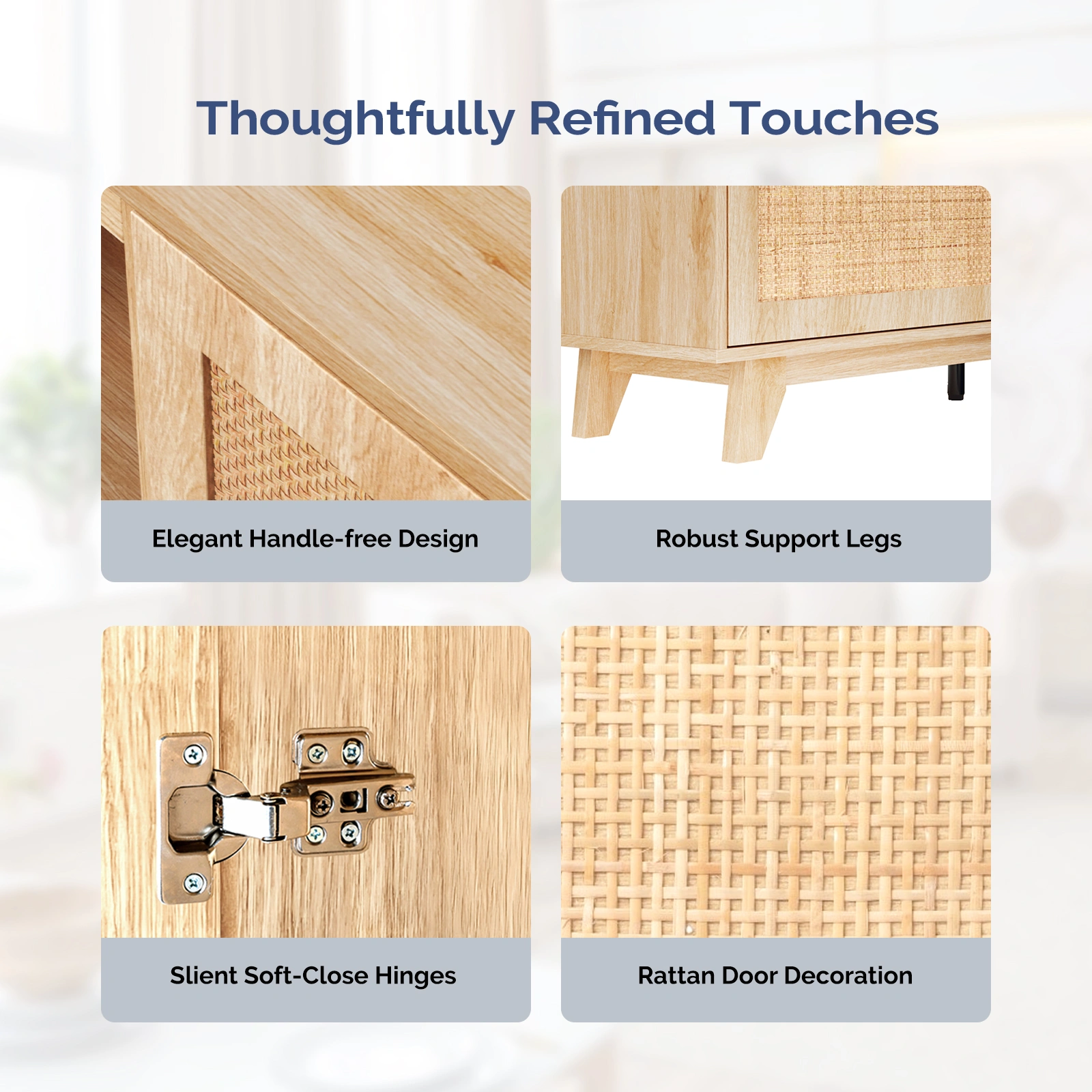 70" Oak Finish Low-Profile Fireplace TV Stand with 2 Doors & Rattan Front for 18" Insert view 3