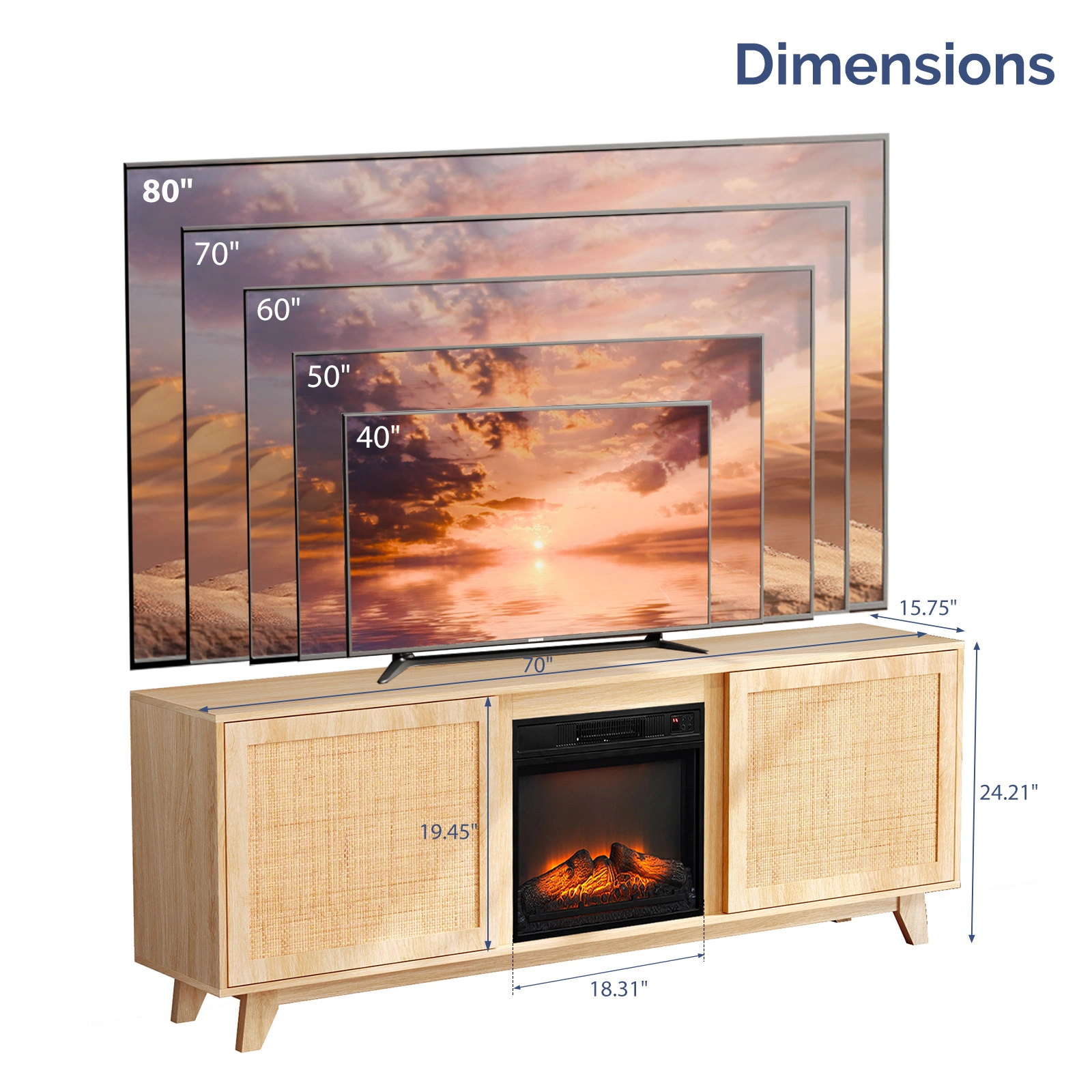 70" Oak Finish Low-Profile Fireplace TV Stand with 2 Doors & Rattan Front for 18" Insert view 4