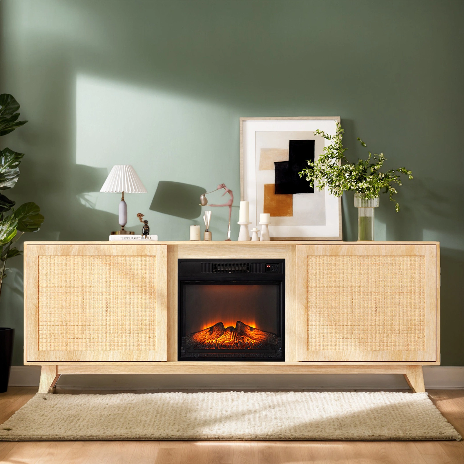 70" Oak Finish Low-Profile Fireplace TV Stand with 2 Doors & Rattan Front for 18" Insert view 7