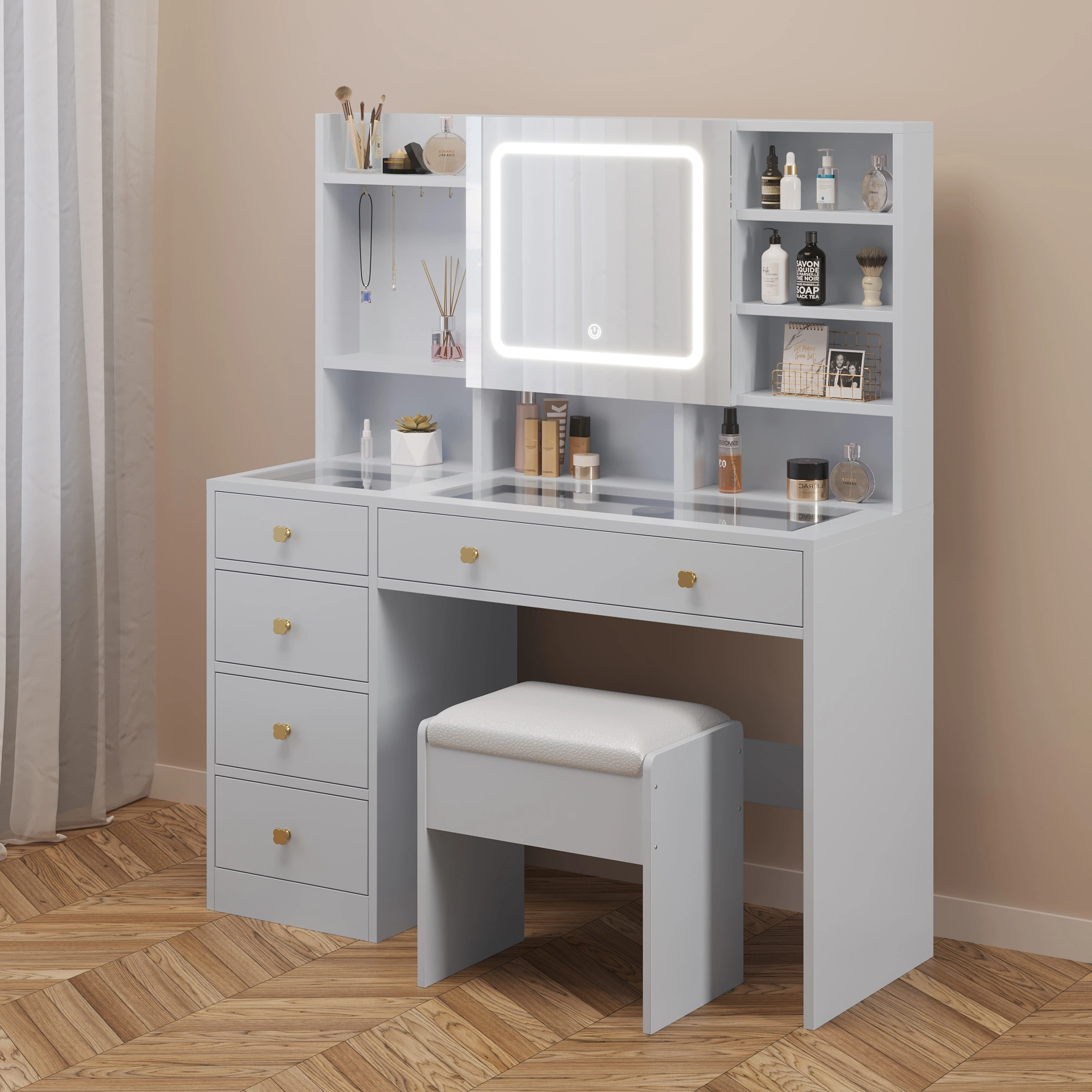 White 5-Drawer Vanity Table with LED Three-Tone Mirror, Power Strip, Shelves & Hooks, Tempered Glass Top, 47.24 x 15.75 x 53.54in