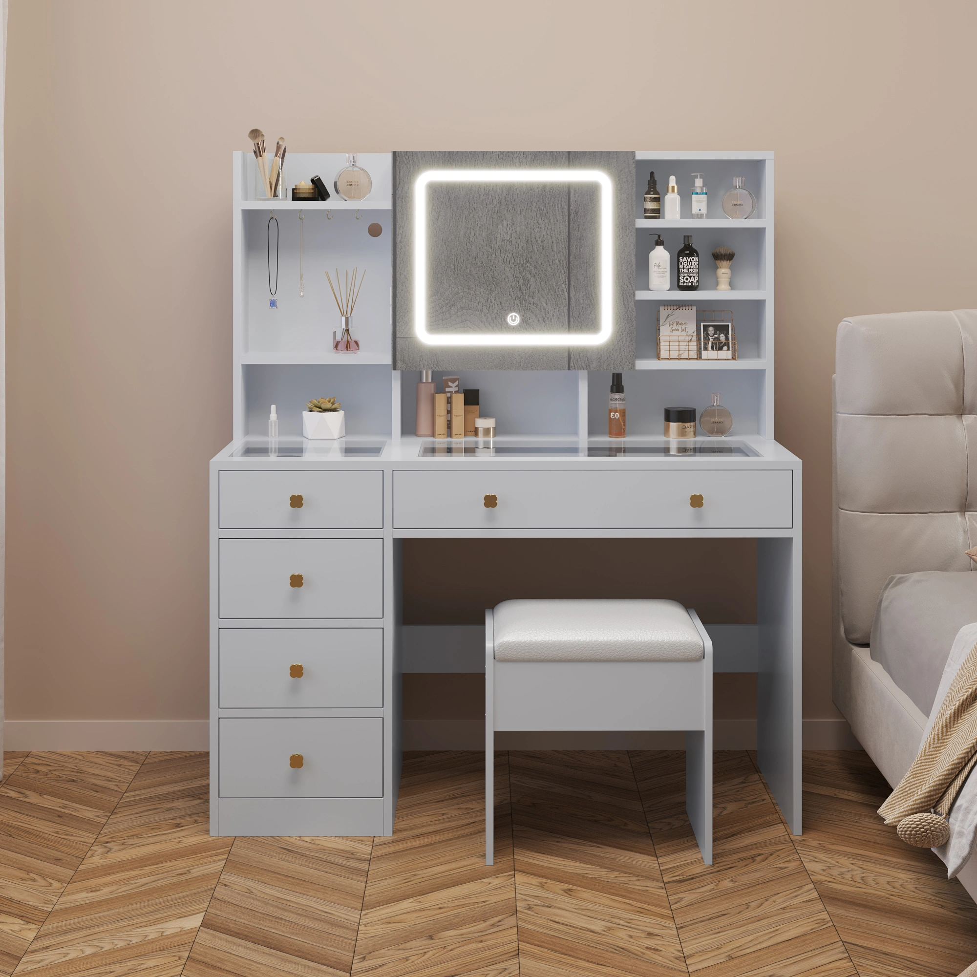 White 5-Drawer Vanity Table with LED Three-Tone Mirror, Power Strip, Shelves & Hooks, Tempered Glass Top, 47.24 x 15.75 x 53.54in view 10