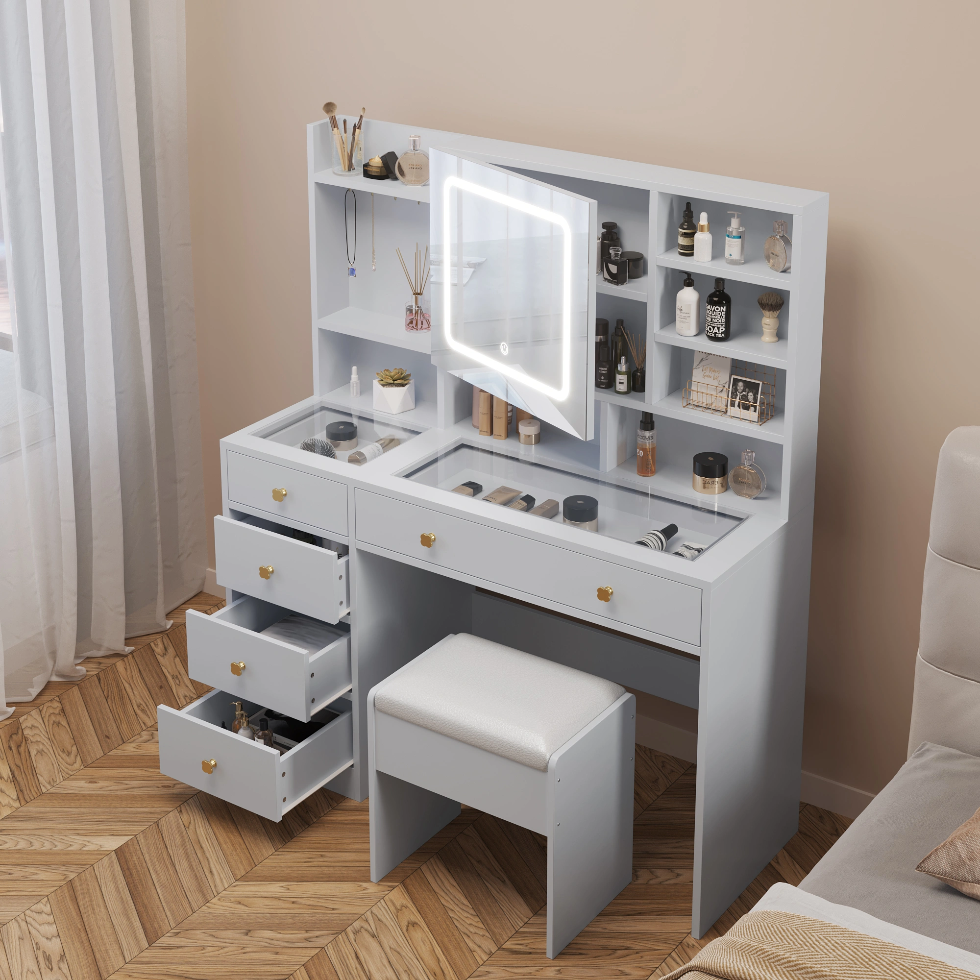 White 5-Drawer Vanity Table with LED Three-Tone Mirror, Power Strip, Shelves & Hooks, Tempered Glass Top, 47.24 x 15.75 x 53.54in view 11