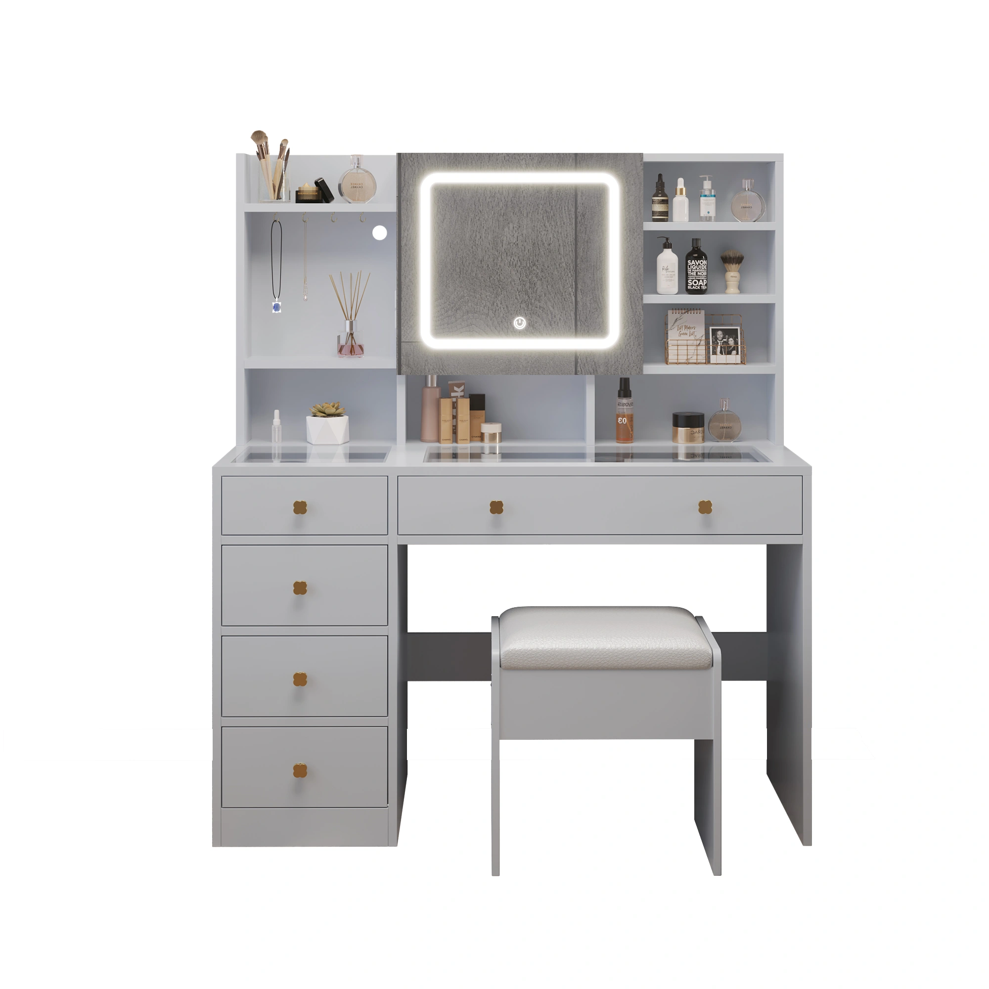White 5-Drawer Vanity Table with LED Three-Tone Mirror, Power Strip, Shelves & Hooks, Tempered Glass Top, 47.24 x 15.75 x 53.54in view 2