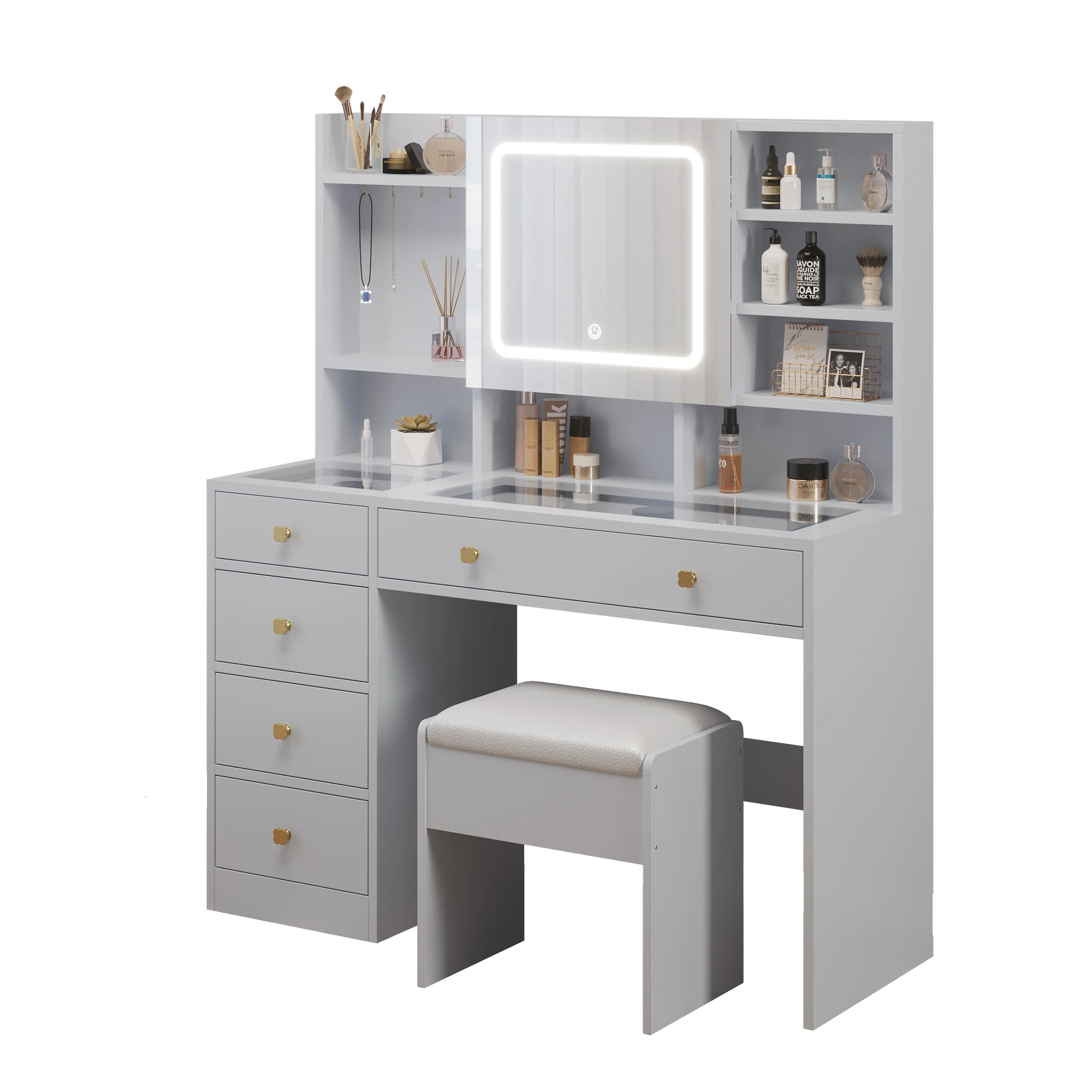 White 5-Drawer Vanity Table with LED Three-Tone Mirror, Power Strip, Shelves & Hooks, Tempered Glass Top, 47.24 x 15.75 x 53.54in view 3