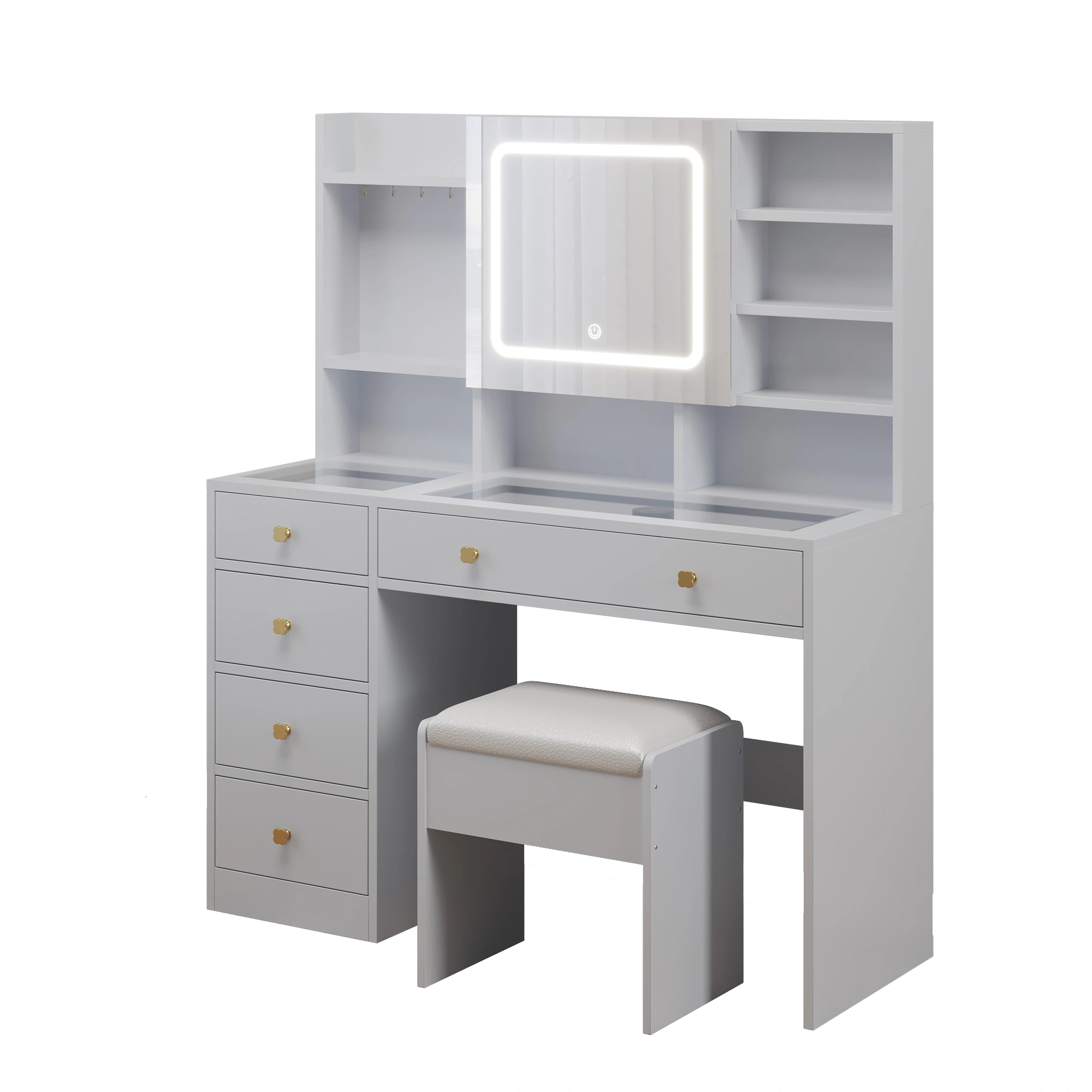 White 5-Drawer Vanity Table with LED Three-Tone Mirror, Power Strip, Shelves & Hooks, Tempered Glass Top, 47.24 x 15.75 x 53.54in view 4