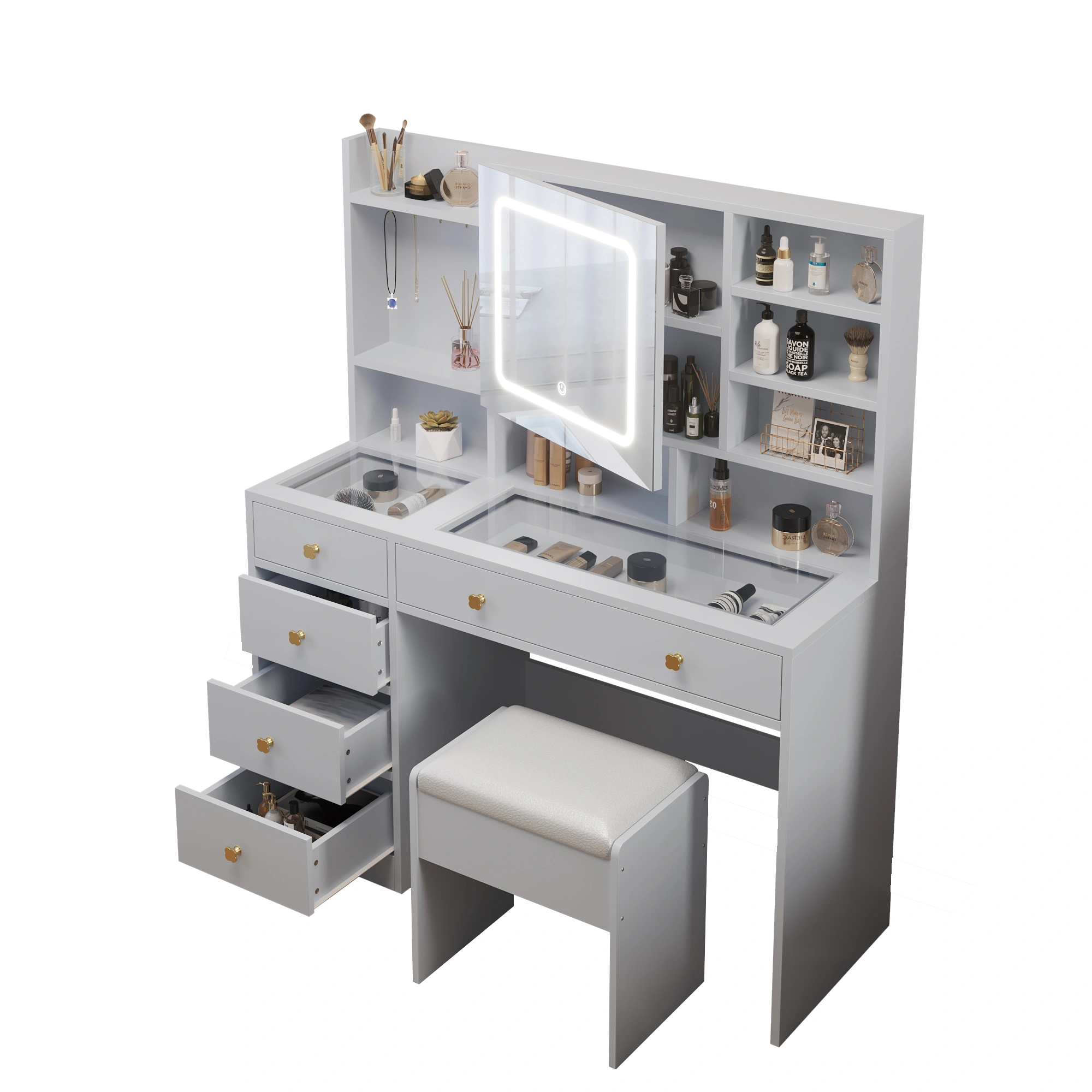 White 5-Drawer Vanity Table with LED Three-Tone Mirror, Power Strip, Shelves & Hooks, Tempered Glass Top, 47.24 x 15.75 x 53.54in view 5